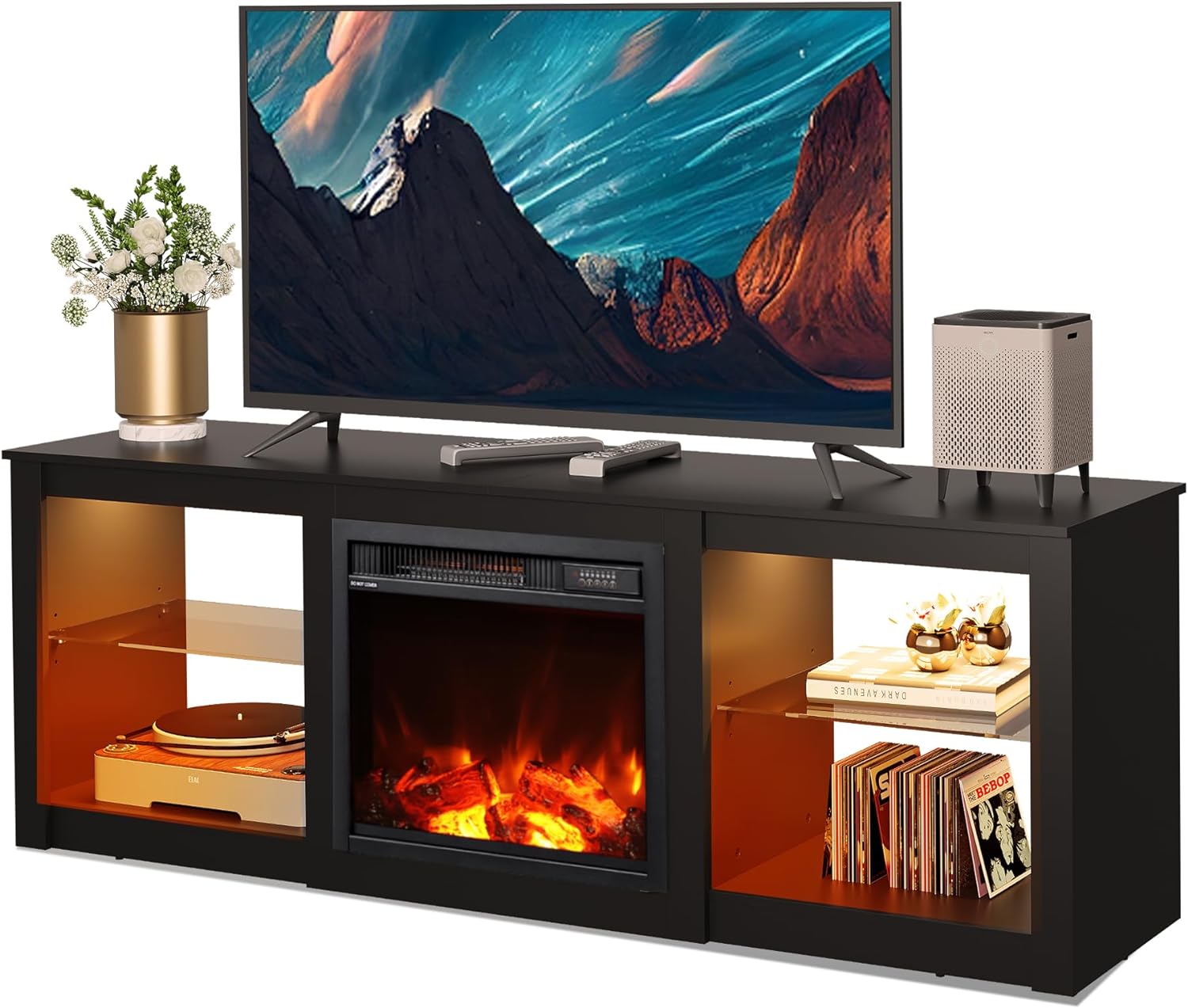 WLIVE Fireplace TV Stand for TVs up to 65 inch, Electric Fireplace TV Console with LED Lights, Modern TV Stand for Living Room, Entertainment Console with Glass Shelves, Black