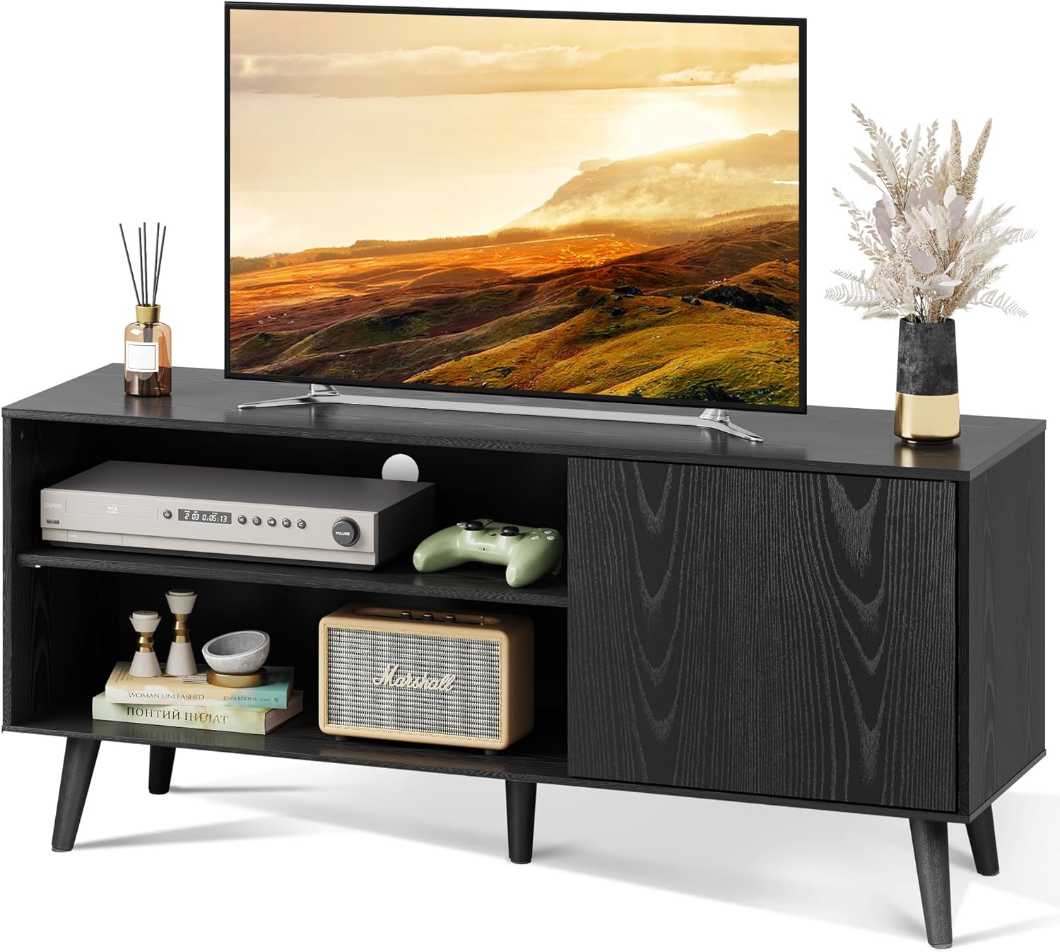 WLIVE Mid-Century Modern TV Stand for 55 TV, Entertainment Center with Storage, Open Shelves TV Console for Living Room and Bedroom, Black