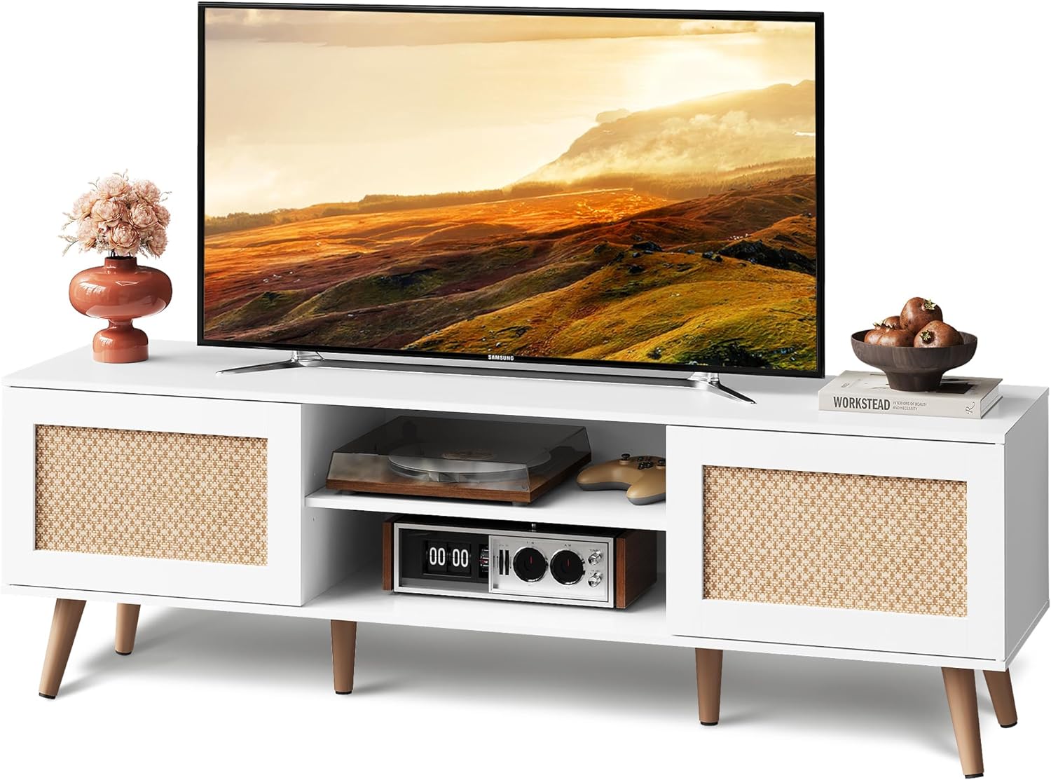 WLIVE Rattern TV Stand for 65 Inch TV, Mid Century Modern Entainment Center with Rattern Doors, Boho TV Console with Storage Shelf and 2 Cabinets for Bedroom and Living Room, White