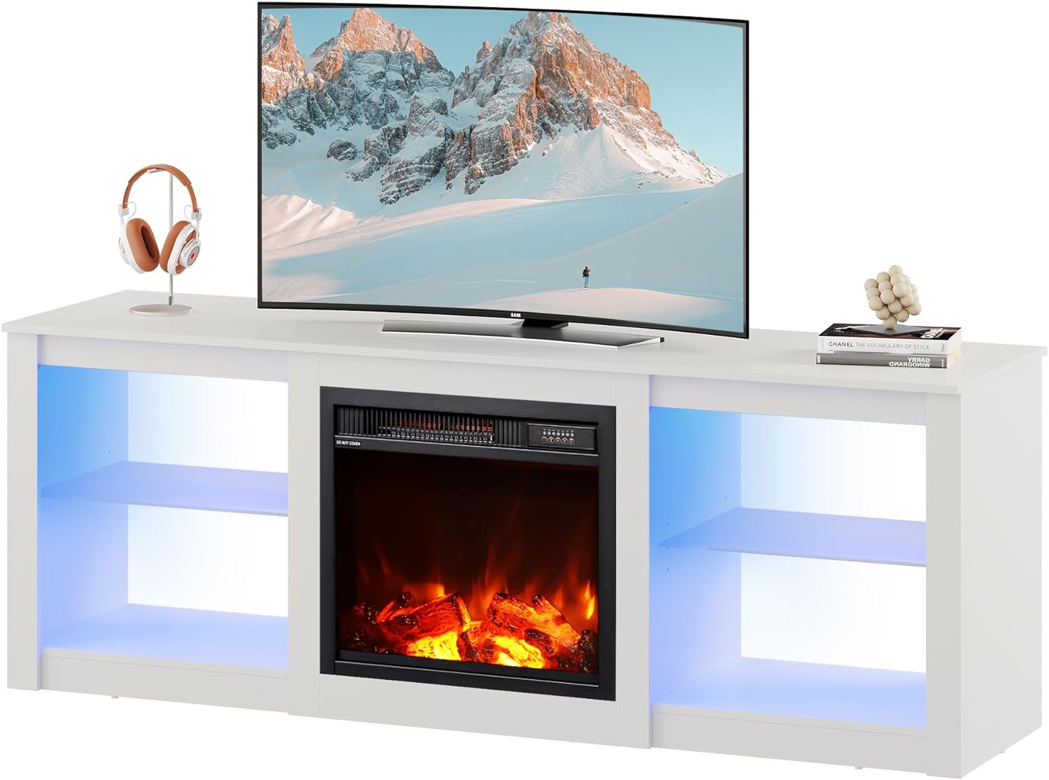 WLIVE Fireplace TV Stand for TVs up to 65 inch, Electric Fireplace TV Console with LED Lights, Modern TV Stand for Living Room, Entertainment Console with Glass Shelves, White