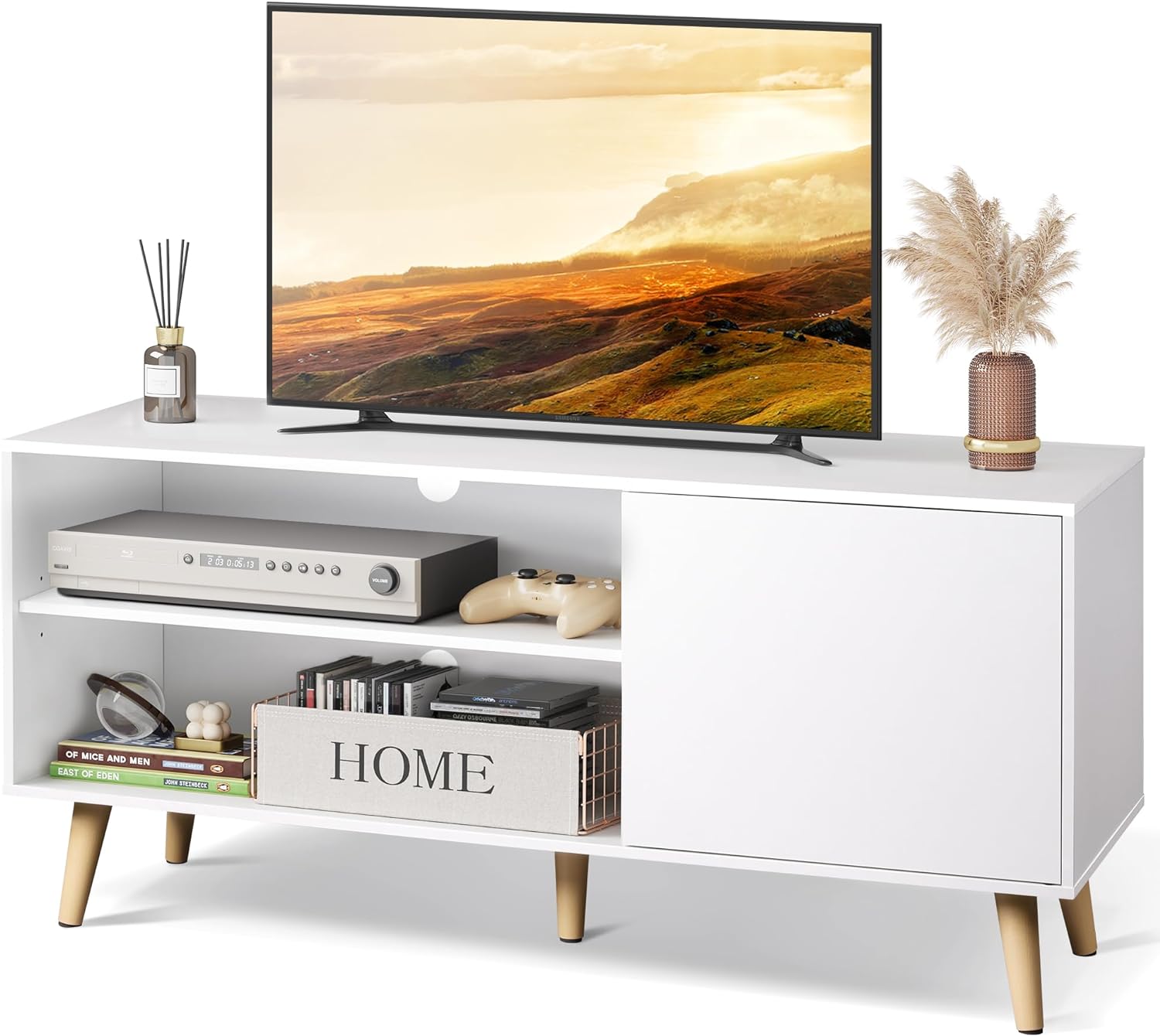 WLIVE Mid-Century Modern TV Stand for 55 TV, Entertainment Center with Storage, Open Shelves TV Console for Living Room and Bedroom, White