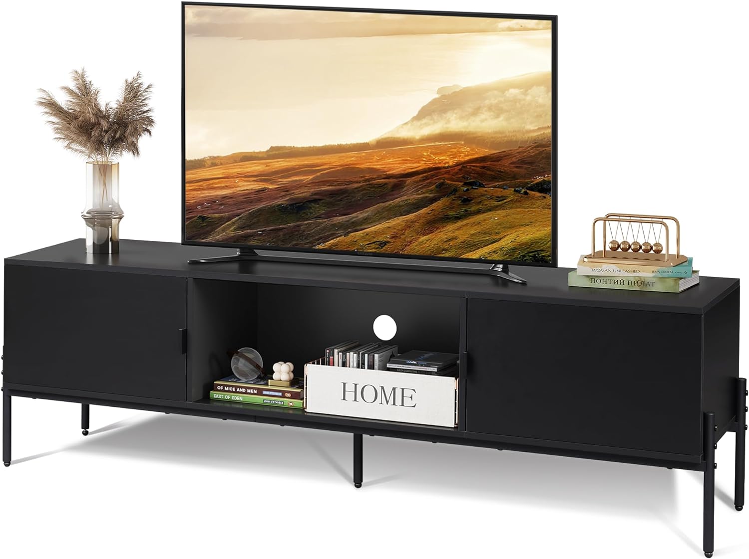 WLIVE Modern TV Stand for 65 Inch TV, Mid Century Entainment Center with Storage, TV Console with Open Shelf and 2 Cabinets for Bedroom and Living Room, TV Cabinet with Metal Legs, Black