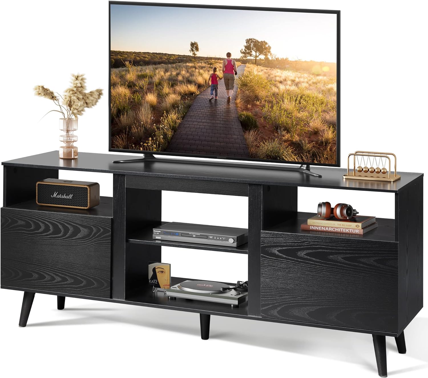 WLIVE Mid-Century Modern TV Stand for 65 TV, TV Console Cabinet, Open Shelves Entertainment Center for Living Room and Bedroom, Black