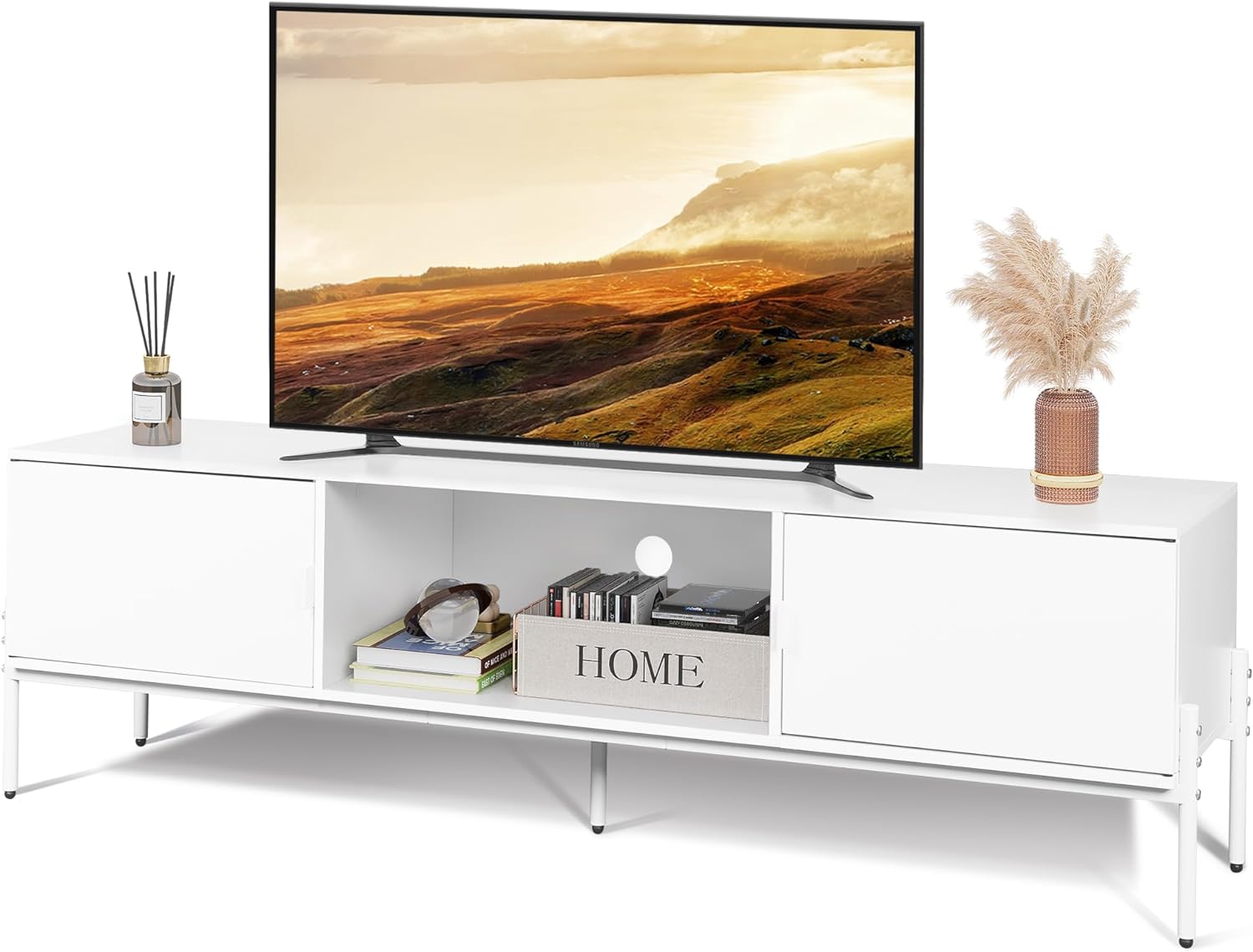 WLIVE Modern TV Stand for 65 Inch TV, Mid Century Entainment Center with Storage, TV Console with Open Shelf and 2 Cabinets for Bedroom and Living Room, TV Cabinet with Metal Legs, White