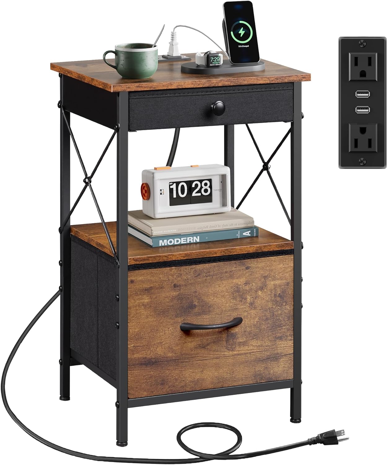 WLIVE Nightstand with Charging Station, End Table with USB Ports and Outlets, Small End Tables Living Room, Dresser and Nightstand Sets for Bedroom, Outlets, Basics, Small Spaces, Rustic Brown