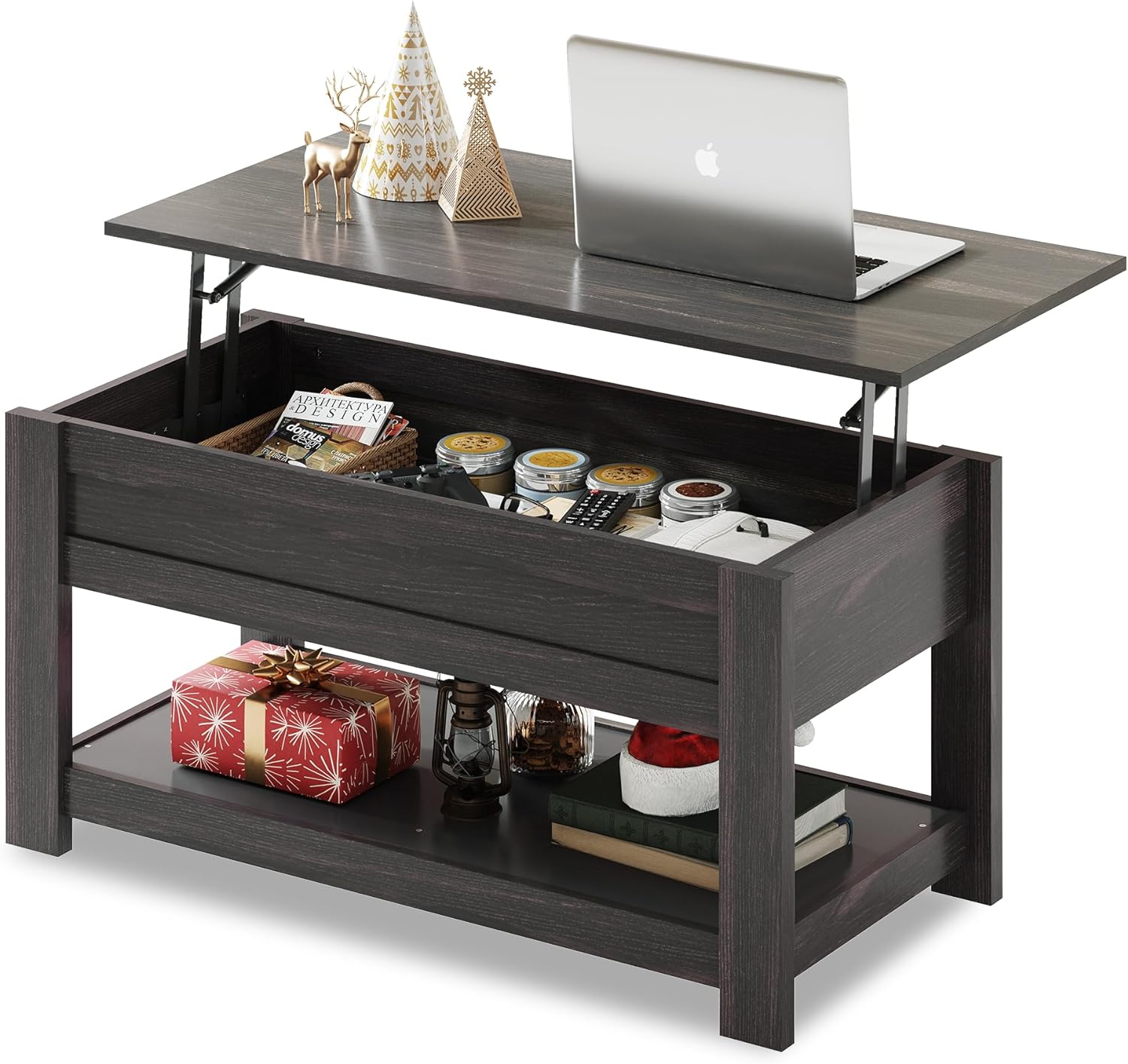 WLIVE Modern Lift Top Coffee Table,Rustic Coffee Table with Storage Shelf and Hidden Compartment,Wood Lift Tabletop for Home Living Room,Black.