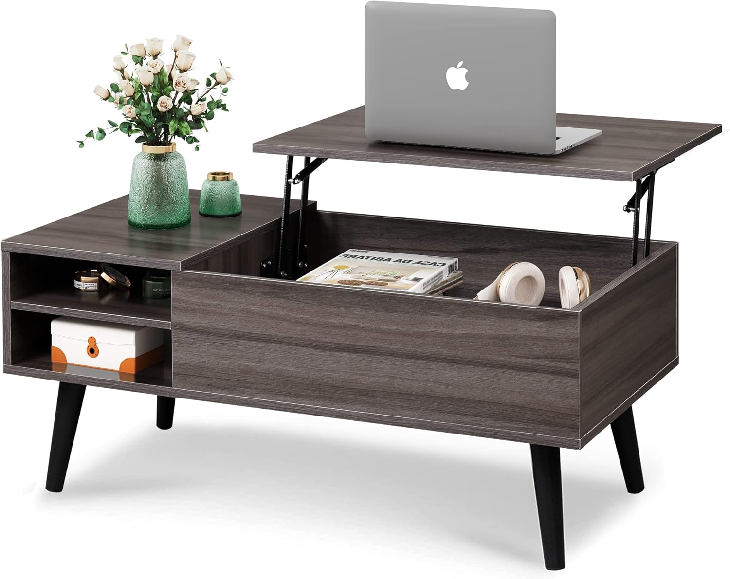 WLIVE Lift Top Coffee Table with Storage for Living Room,Small Hidden Compartment and Adjustable Shelf,Mid Century, Modern ,Wood,Grey