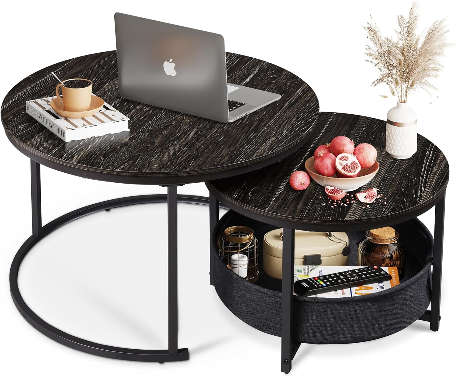 WLIVE Coffee Table Set of 2, 32in Round Nesting Table for Living Room,Small Circle Table with Storage for Small Space,Metal Frame and Fabric Basket, Home Office Bedroom,Black.