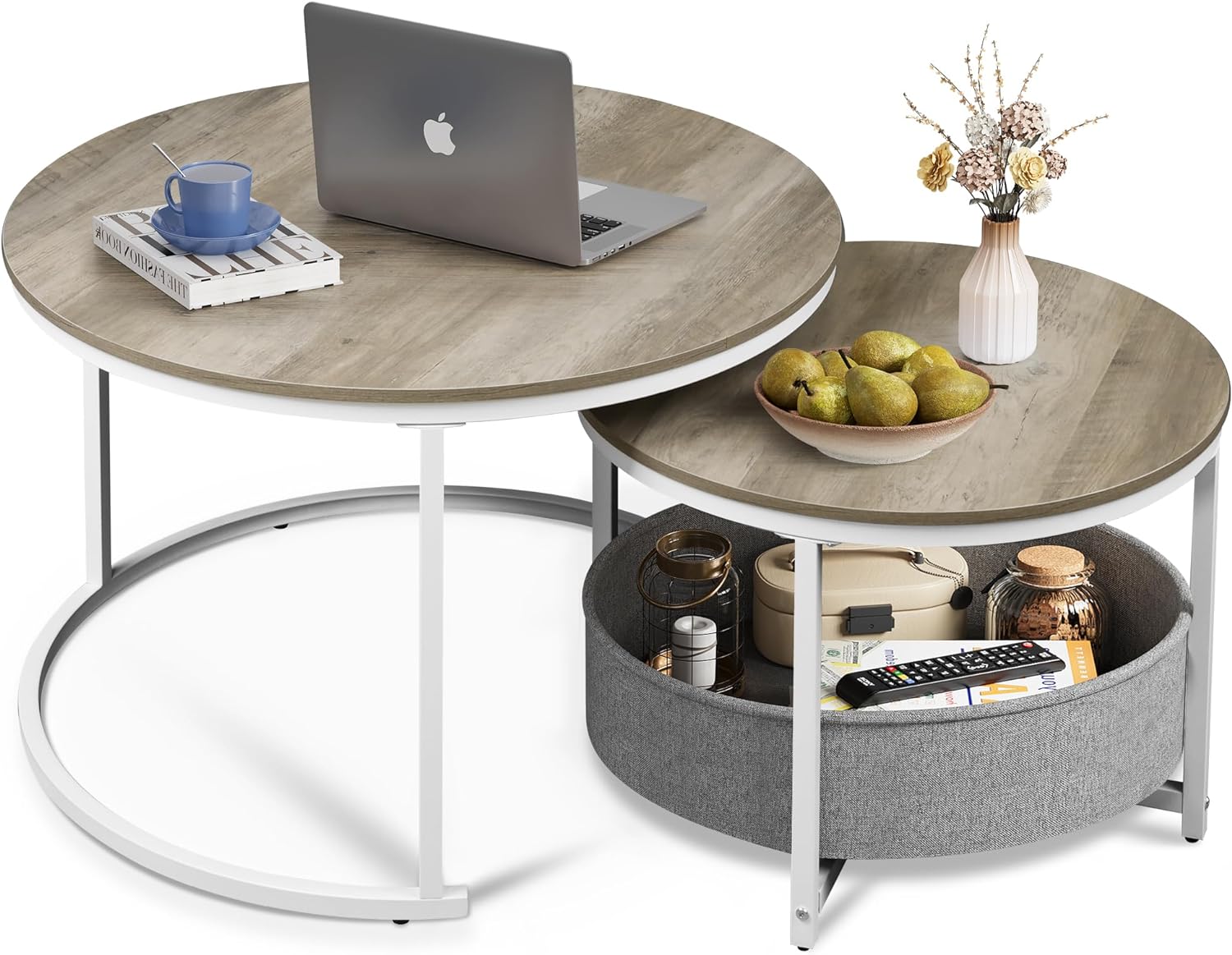 WLIVE Coffee Table Set of 2,Round Nesting Table for Living Room,Small Circle Table with Storage for Small Space,Metal Frame and Fabric Basket, Home Office Bedroom Outdoor,Grey and White