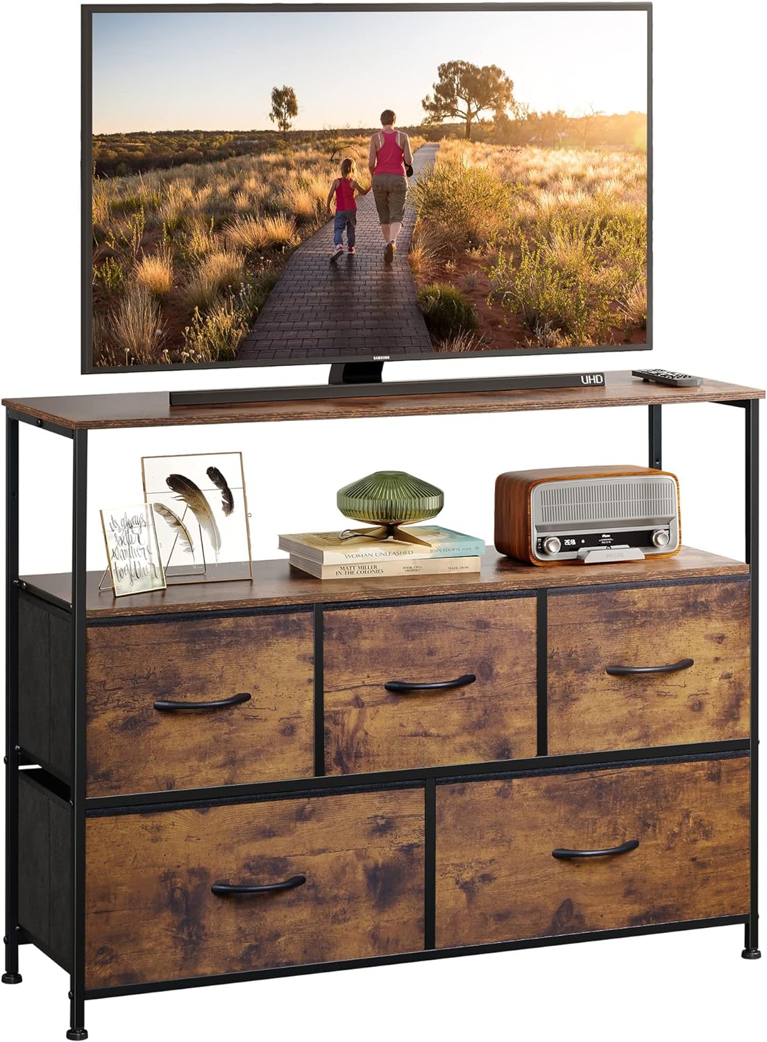 WLIVE Dresser TV Stand, Entertainment Center with Fabric Drawers, Media Console Table with Open Shelves for TV up to 45 inch, Storage Drawer Unit for Bedroom, Living Room, Entryway, Rustic Brown