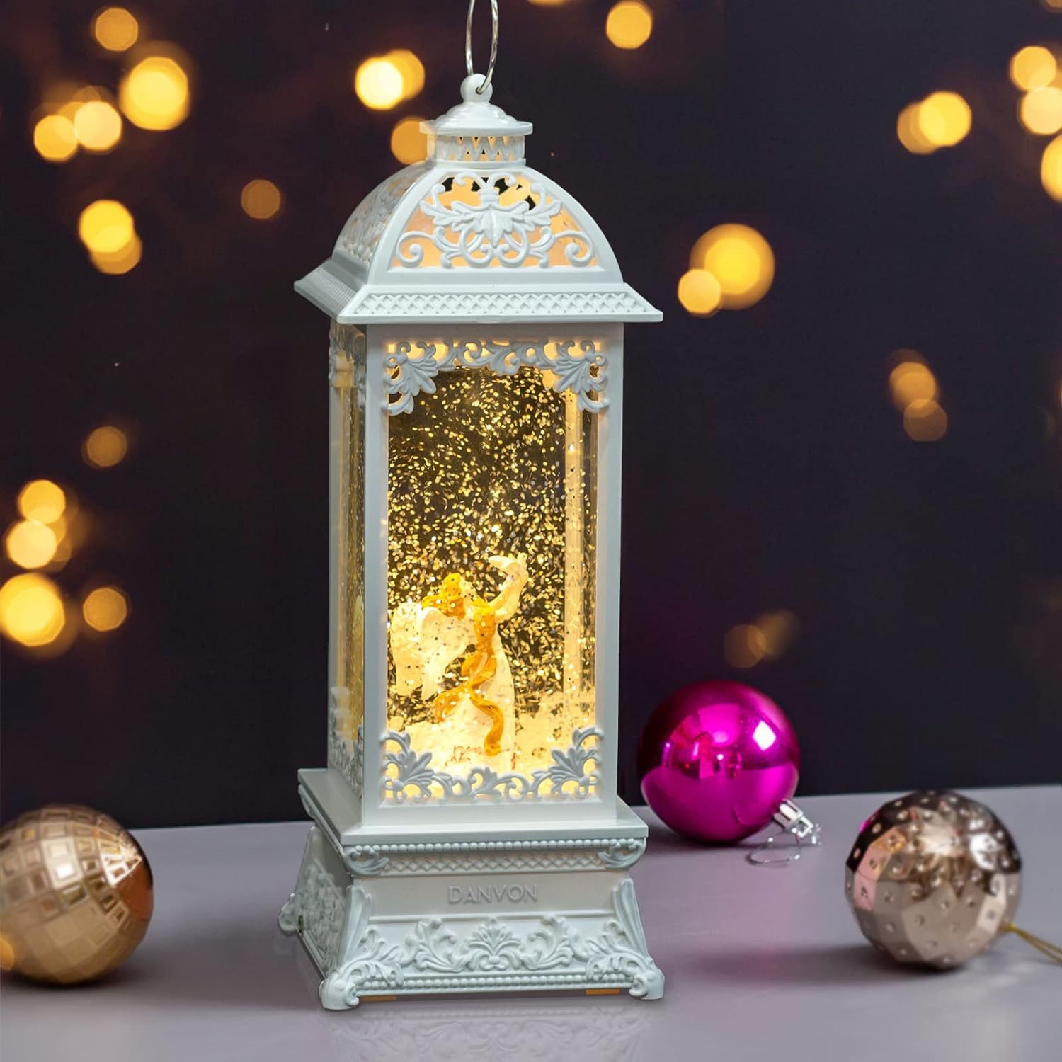 DANVON 12 White Angel with The Pearl Snow Globe Lantern Lighted Box Night Light Battery Or USB Operated Led Lighted Water Glittering Music Playing for Home Decoration