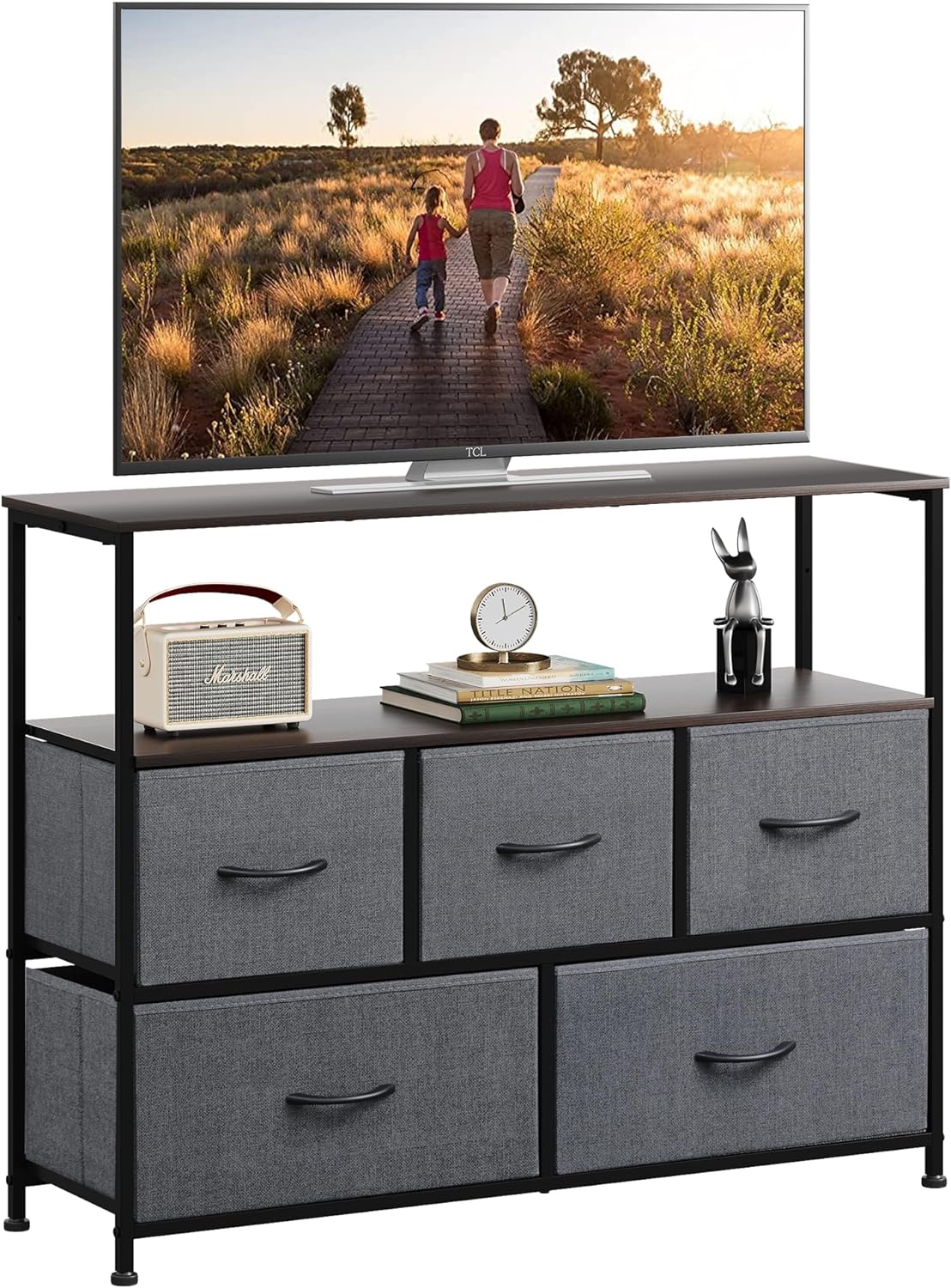 WLIVE Dresser TV Stand, Entertainment Center with Fabric Drawers, Media Console Table with Open Shelves for TV up to 45 inch, Storage Drawer Unit for Bedroom, Living Room, Entryway, Dark Grey