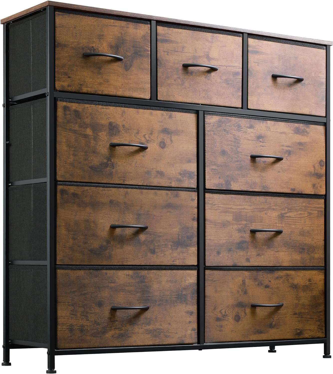 WLIVE 9-Drawer Dresser, Fabric Storage Tower for Bedroom, Hallway, Closet, Tall Chest Organizer Unit with Fabric Bins, Steel Frame, Wood Top, Easy Pull Handle, Rustic Brown Wood Grain Print