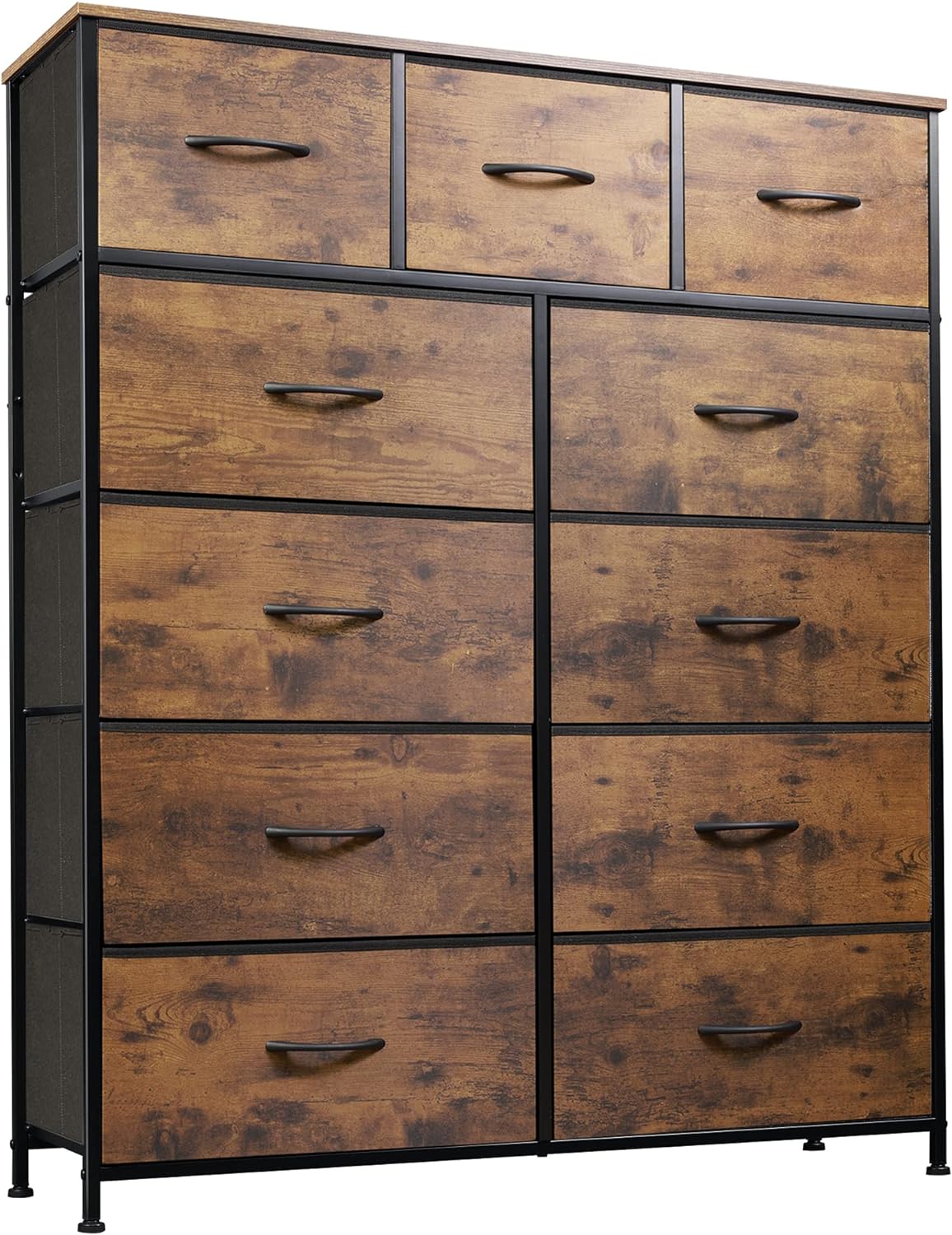 WLIVE 11-Drawer Dresser, Fabric Storage Tower for Bedroom, Hallway, Closets, Tall Chest Organizer Unit with Fabric Bins, Steel Frame, Wood Top, Easy Pull Handle, Rustic Brown Wood Grain Print