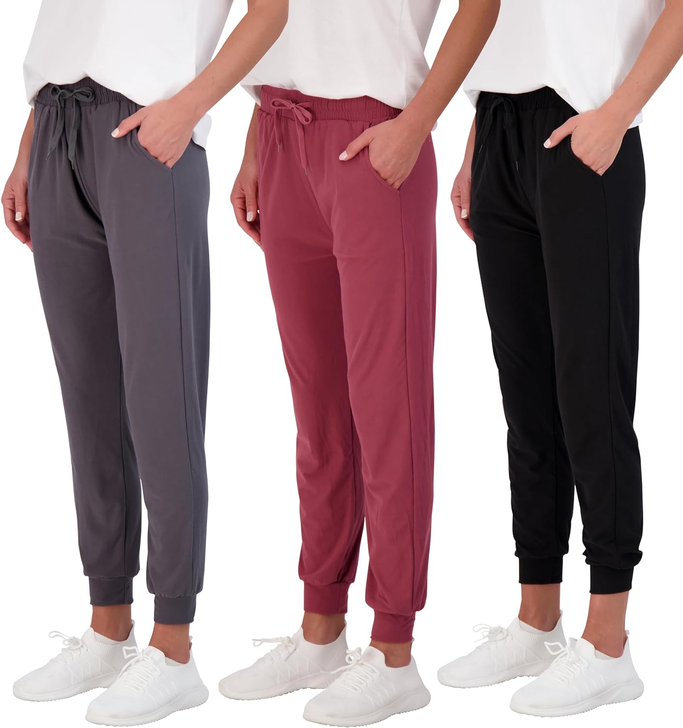 I bought these because I love joggers to wear around the house after work and on the weekends. They are perfect! They are forgiving and so soft. They have an elastic an elastic waistband that is not too tight with a drawstring (not really needed). The cuff at the ankle is perfect for a shortie like me who has to roll sweatpants up (they never stay). They are lightweight yet provide enough coverage to keep you warm without making you hot. And the pockets Thank you for adding the pockets!!!I ende