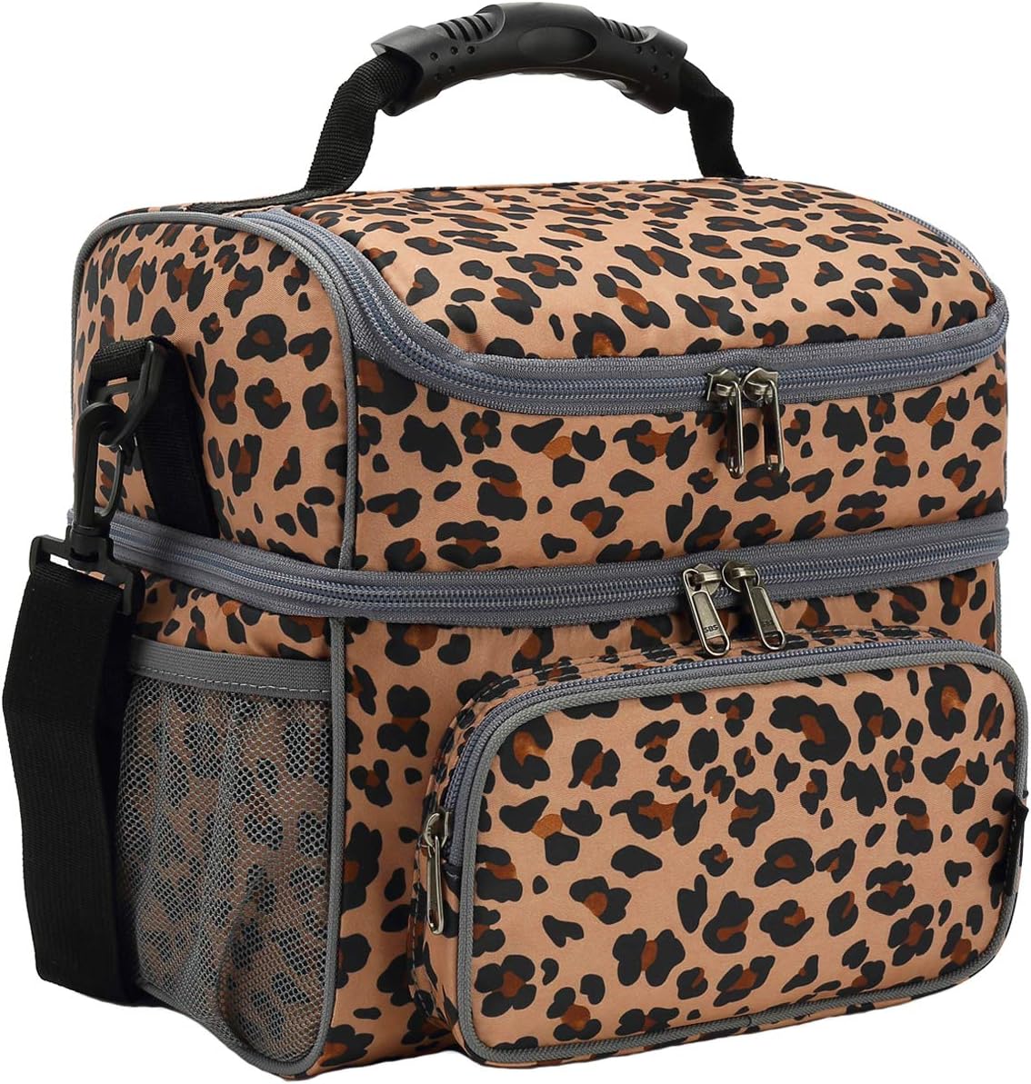 FlowFly Double Layer Cooler Insulated Lunch Bag Adult Lunch Box Large Tote Bag for Men, Women, With Adjustable Strap,Front Pocket and Dual Large Mesh Side Pockets,Leopard