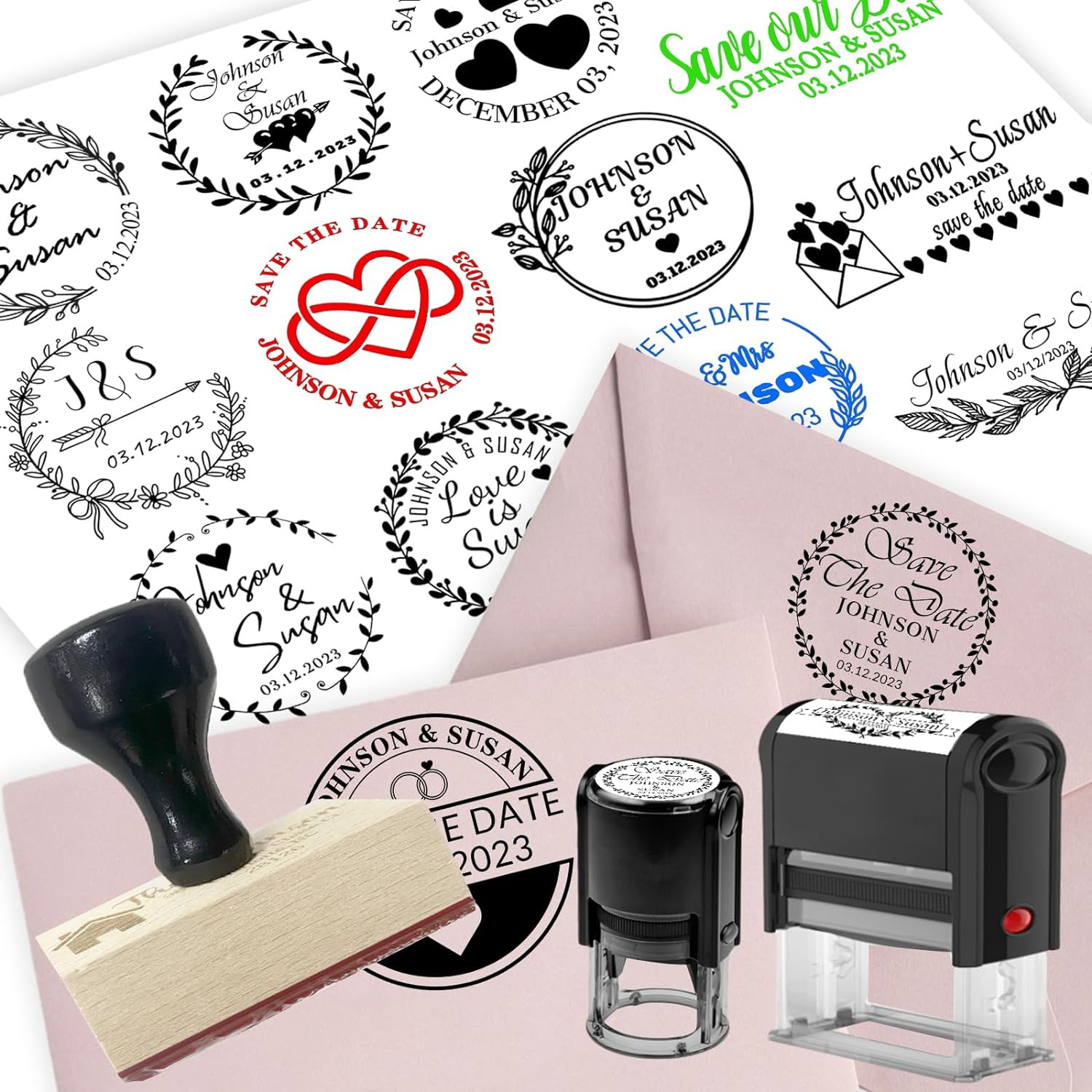 Custom Wedding Stamp with Name Date Personalized Wood Handle Wedding Postage Stamps Save The Date Rubber Stamp for Invitation - Round