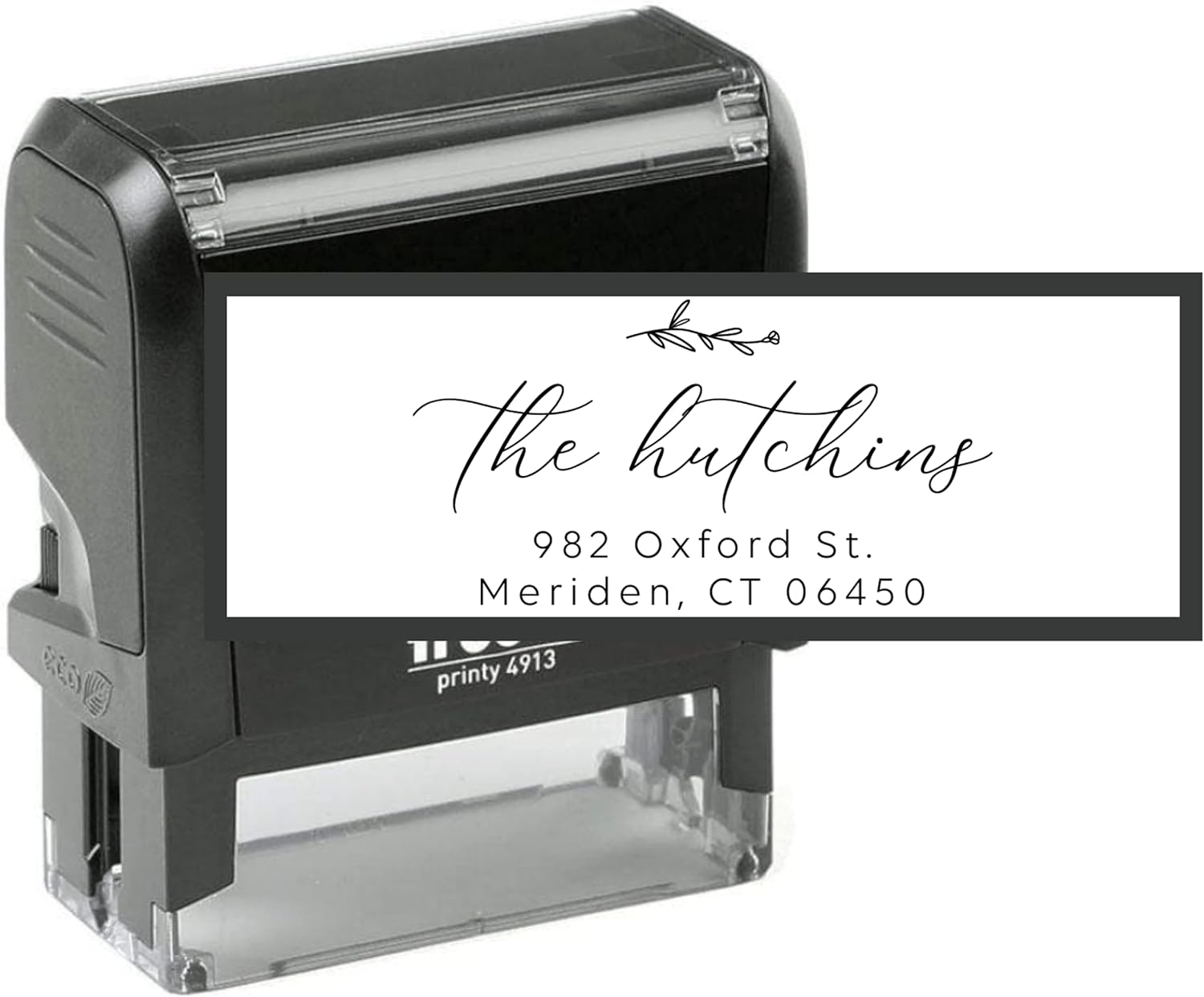 Stampi Return Address Stamp - Custom Self Inking Rubber or Wood Handle Stamper - Personalized Stamp - Customizable Text with 15 Graphics - Wedding Invitation Rubber Stamp - 7/8 x 2 3/8 (Hutchin)