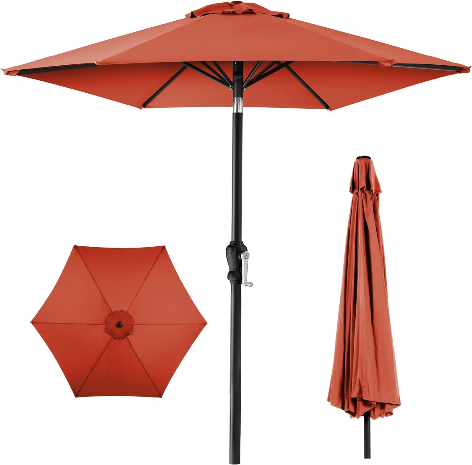 Just received this umbrella and put it together -- note that the base in the photos is not included.. For the price it' much better than I expected. It' relatively light weight but feels firm. It raises and lowers smoothly. I ordered the orange version to match my favorite sports team and contrast with a blue cantilever umbrella on the other end of the pool -- the color is very nice and bright and adds a splash of color to my yard. I also ordered a zippered cover for it so I won't have to drag