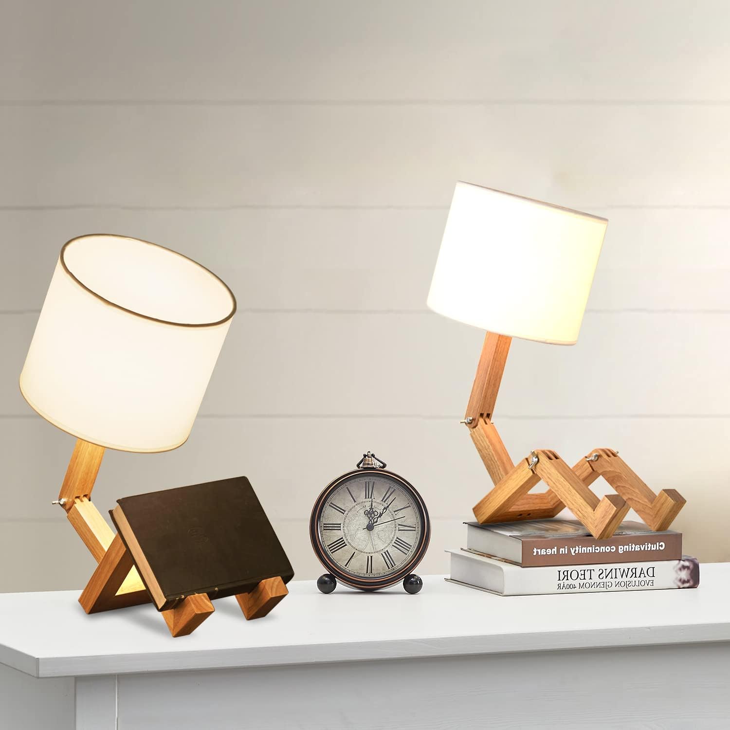 ELINKUME Robot Desk Lamp Set of 2, Creative Bedside Lamp for Bedroom,Wooden Lamp Body Adjustable,DIY E26 Living Room Table Lamps with Fabric Shade,Modern Indoor Decorative Lighting