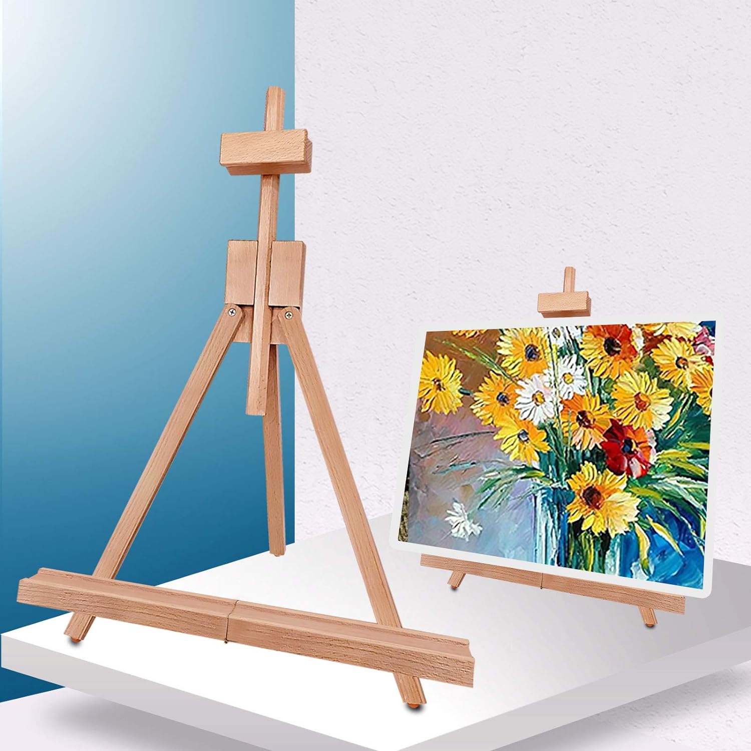 Miratuso Painting Easel, Folding Wooden Tabletop Easel Stand Holds Highest to 22 Canvas, Portable Desktop Easel Suitable for Artists, Beginners, Students