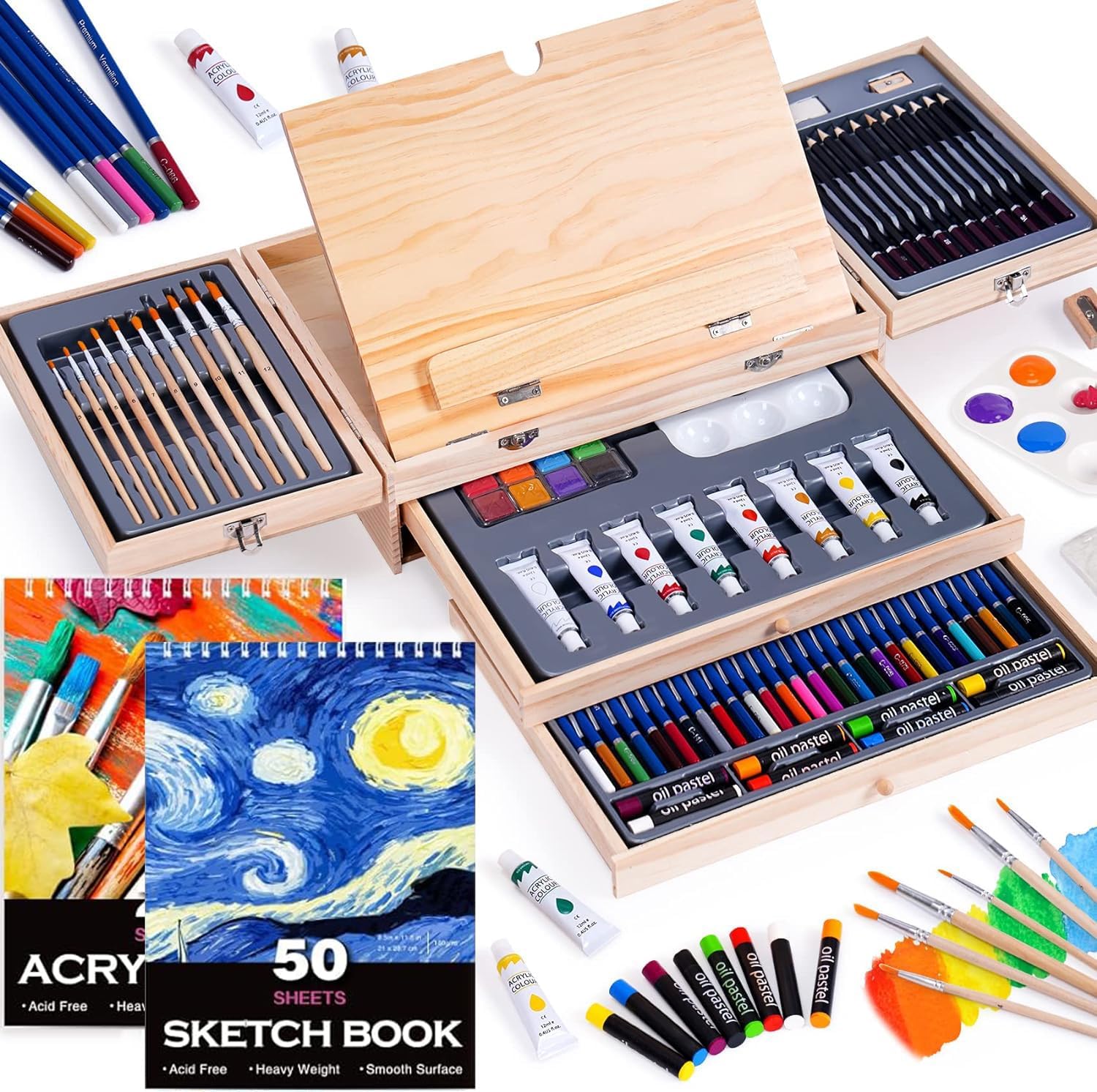 Art Set 85 Piece with Built-in Wooden Easel, 2 Drawing Pad, Art Supplies in Portable Wooden Case-Painting & Drawing Set Professional Art Kit