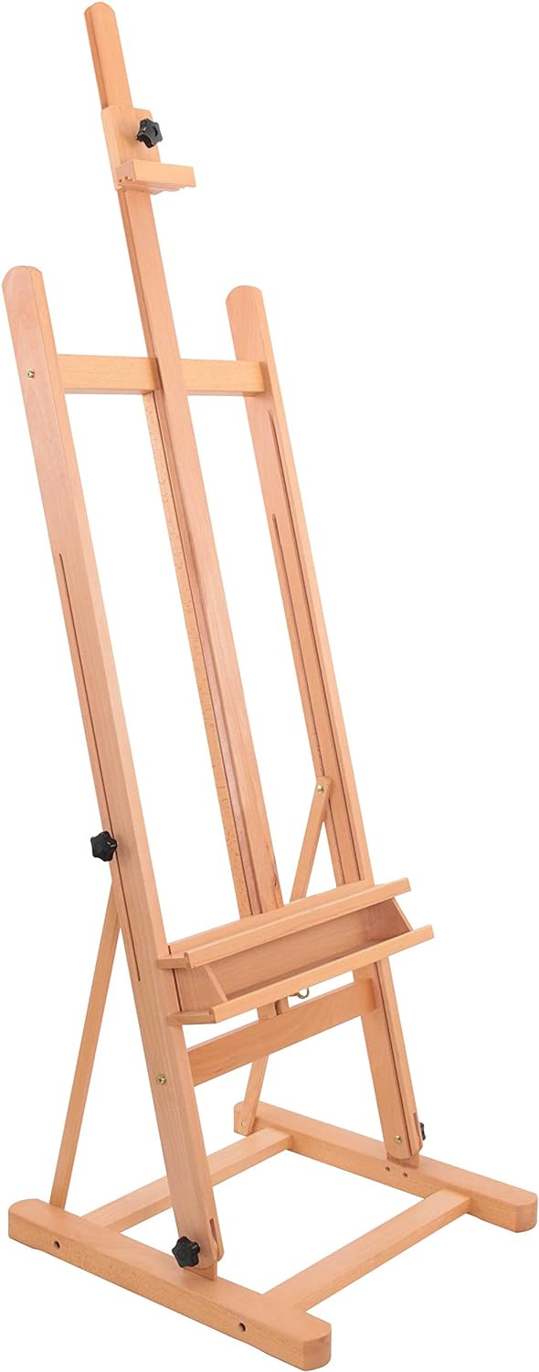 U.S. Art Supply Medium Wooden H-Frame Studio Easel with Artist Storage Tray - Mast Adjustable to 96 High, Holds Canvas to 48 - Sturdy Beechwood Holder Floor Stand - Display Paintings, Portraits