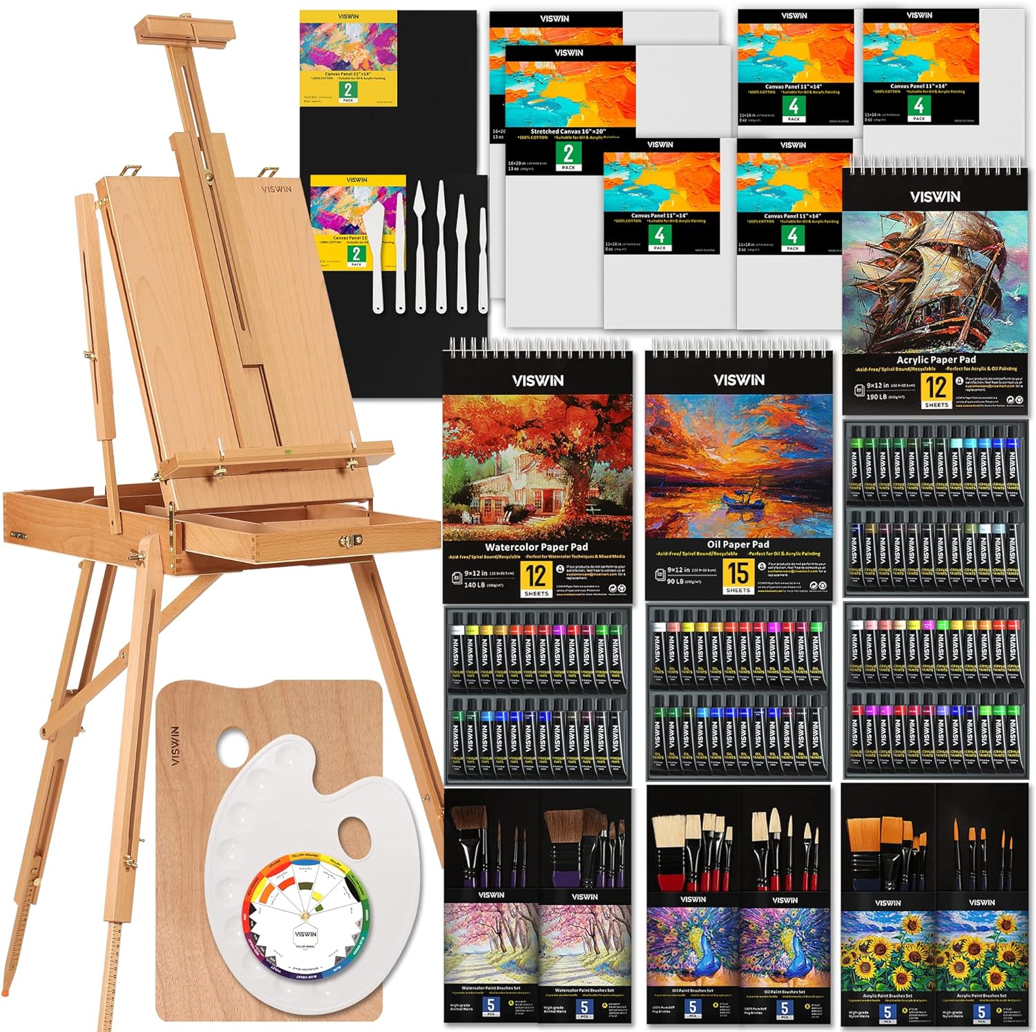 VISWIN 147-Piece Painting Set - Oil, Acrylics, Watercolors, Canvas, Easel, Brushes, Palette for Artists, Beginners