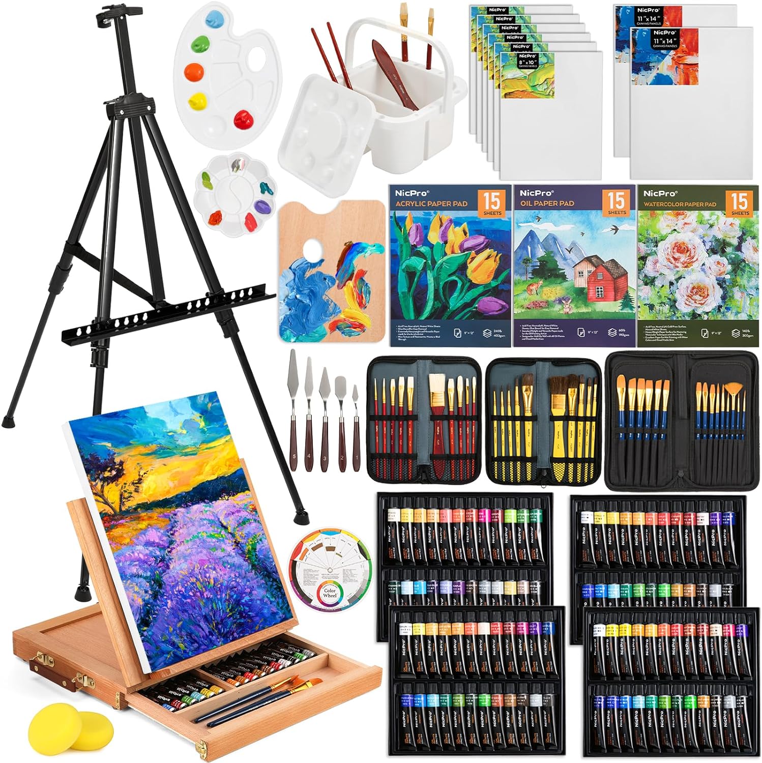 Nicpro 158PCS Deluxe Large Painting Kit with Metal and Solid Beech Wood Easel, Acrylic, Oil & Watercolor Paint Set, Paint Brushes, Canvases, Palette, Paper Pad, Professional Art Set for Adults Artist