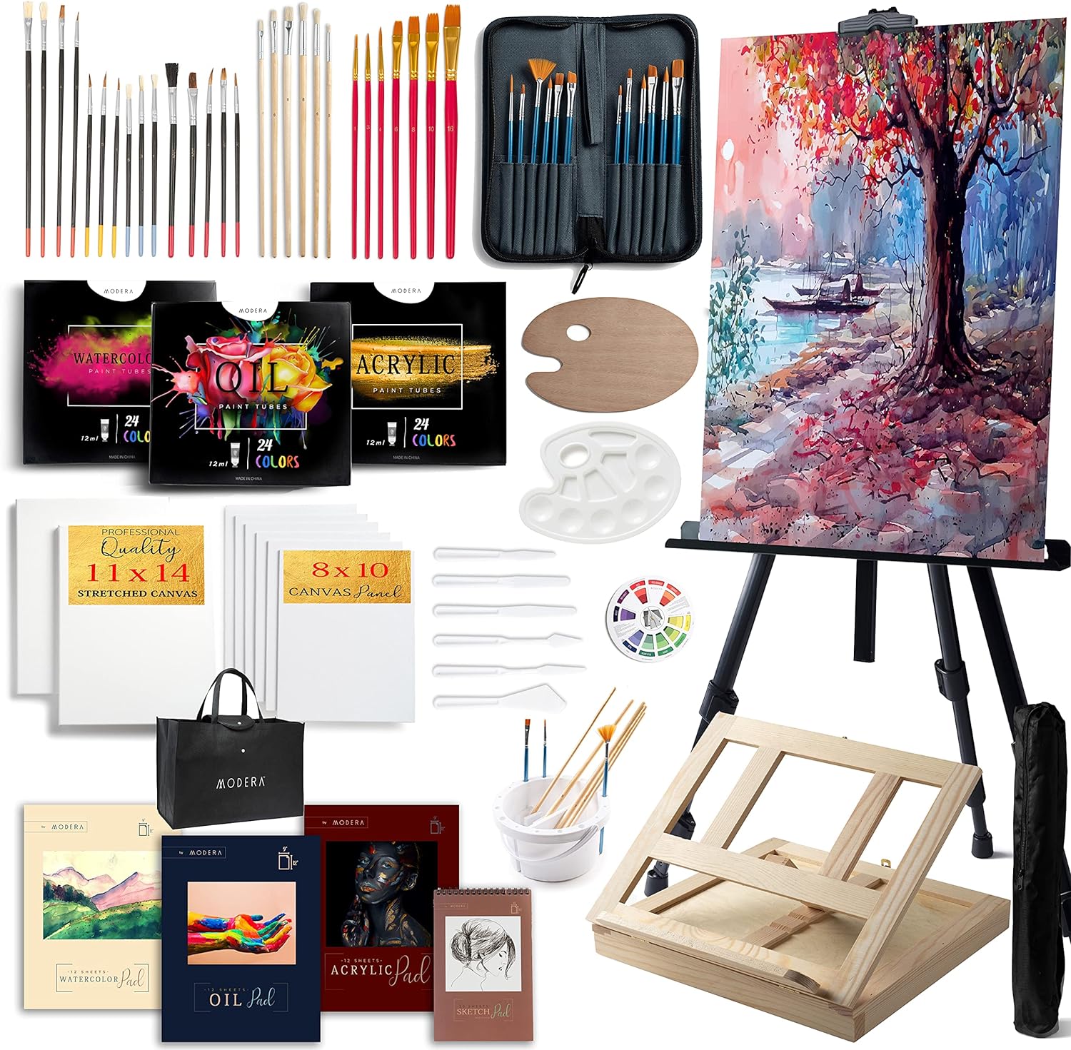 139-Piece Professional Art Painting Set with Easel, Acrylics, Oils, Watercolors, Brushes, Canvases for Adults