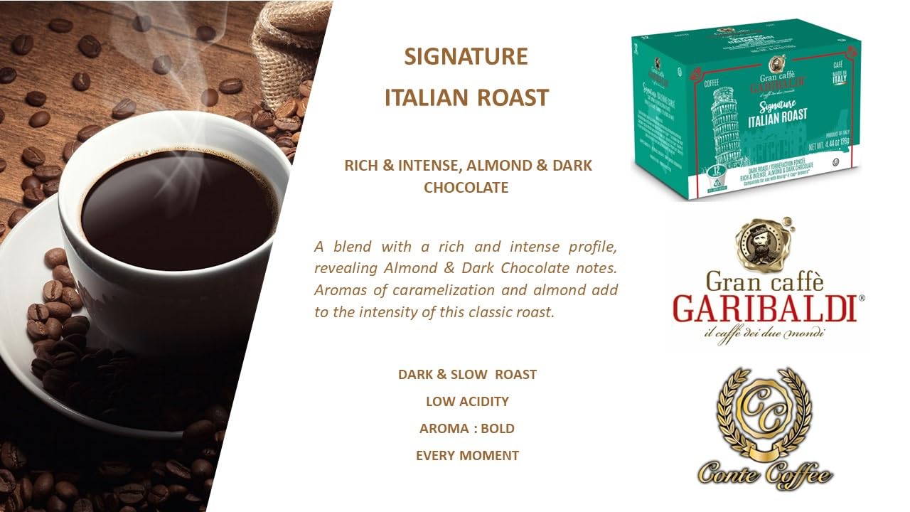This coffee has a pleasant, dark roast taste to it. It comes in convenient single serve coffee pods (K-Cups) that help cut down on mess and waste. A good value for a dozen pods, I would purchase Caff Garibaldi' Coffee Italian Roast coffee pods again. Five stars from me. Arrived fresh/in date and in really good condition.
