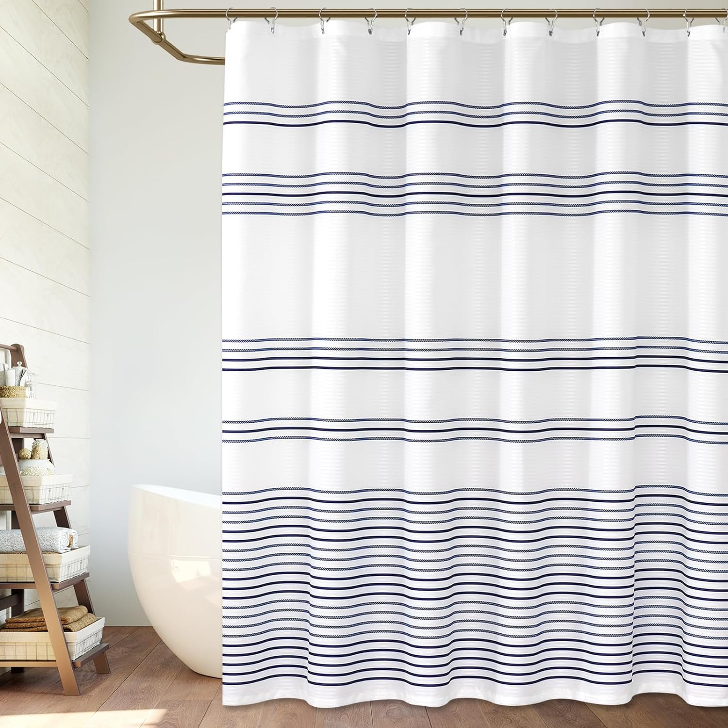 Vangao Blue White Fabric Shower Curtain with Hooks for Bathroom Stripe Printed Water Repellent Bath Shower Curtain 70x72 Inch