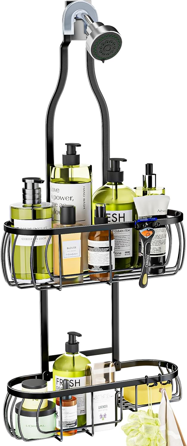 Skyapex Hanging Shower Caddy Over ShowerHead: Rust Proof Bathroom Tall Bottle Of Shampoo Storage Rack With Soap Holder - No Screws Quick Installtion Large Shower Organizer With Hooks For Razor Sponge