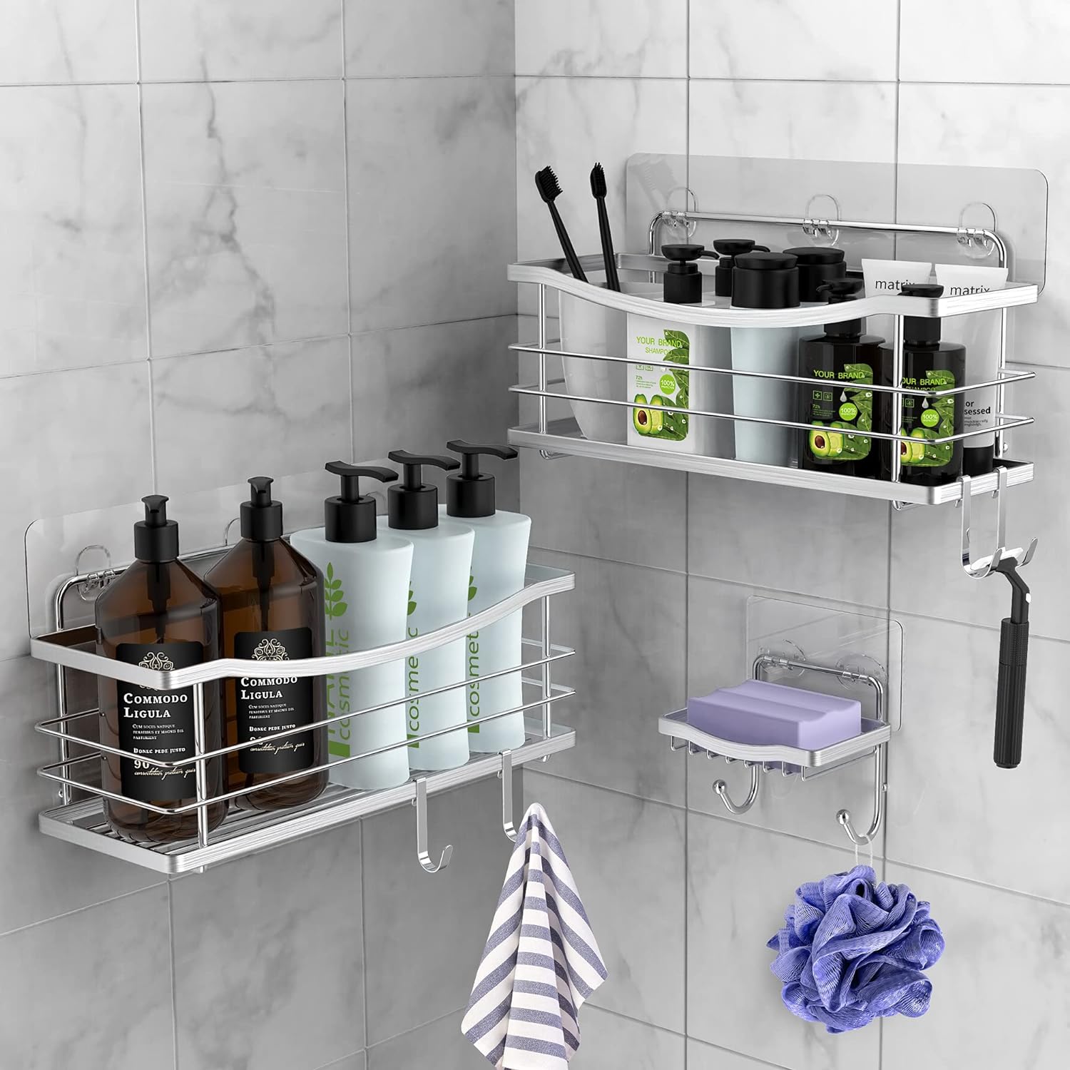 ODesign Adhesive Shower Caddy Basket Shelf with Hooks for Shampoo Razor Soap Dish Holder Kitchen Bathroom Apartment Home Organizer No Drilling Wall Mounted Stainless Steel Rustproof - 3 Pack