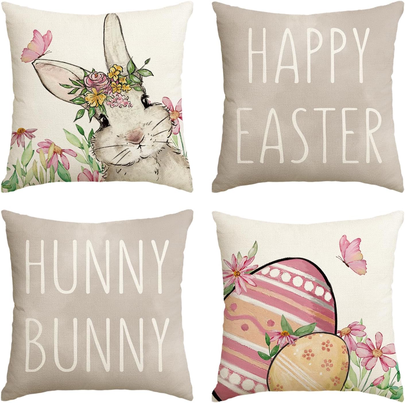 AVOIN colorlife Happy Easter Hunny Bunny Grey Throw Pillow Covers, 18 x 18 Inch Easter Eggs Bunny Spring Cushion Case for Sofa Couch Set of 4