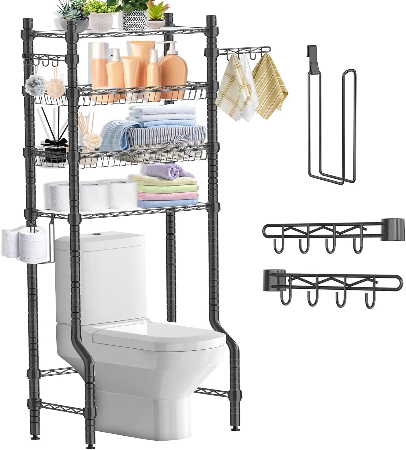 Azmall Over The Toilet Storage - 4 Tier Bathroom Organizer Over Toilet Shelf Rack Bathroom Space Saver Toilet Stand Shelves Above Toilet Organizer, Black