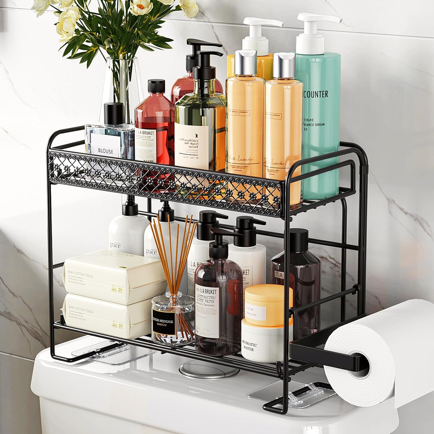 Over The Toilet Storage Shelf, 2-Tier Folding Bathroom Organizer Over Toilet Storage Shelves, Upgrade Screwless Over Toilet Rack with Toilet Paper Holder, No Drilling, Multifunctional, Unique Pattern