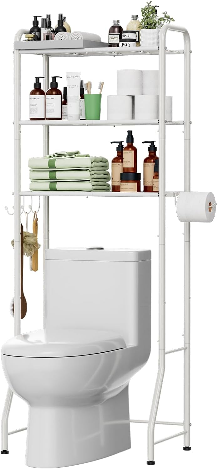 Simple Trending Over The Toilet Storage Rack, Metal 3 Tier Bathroom Organizer Shelf with Paper Holder and 3 Hooks, White