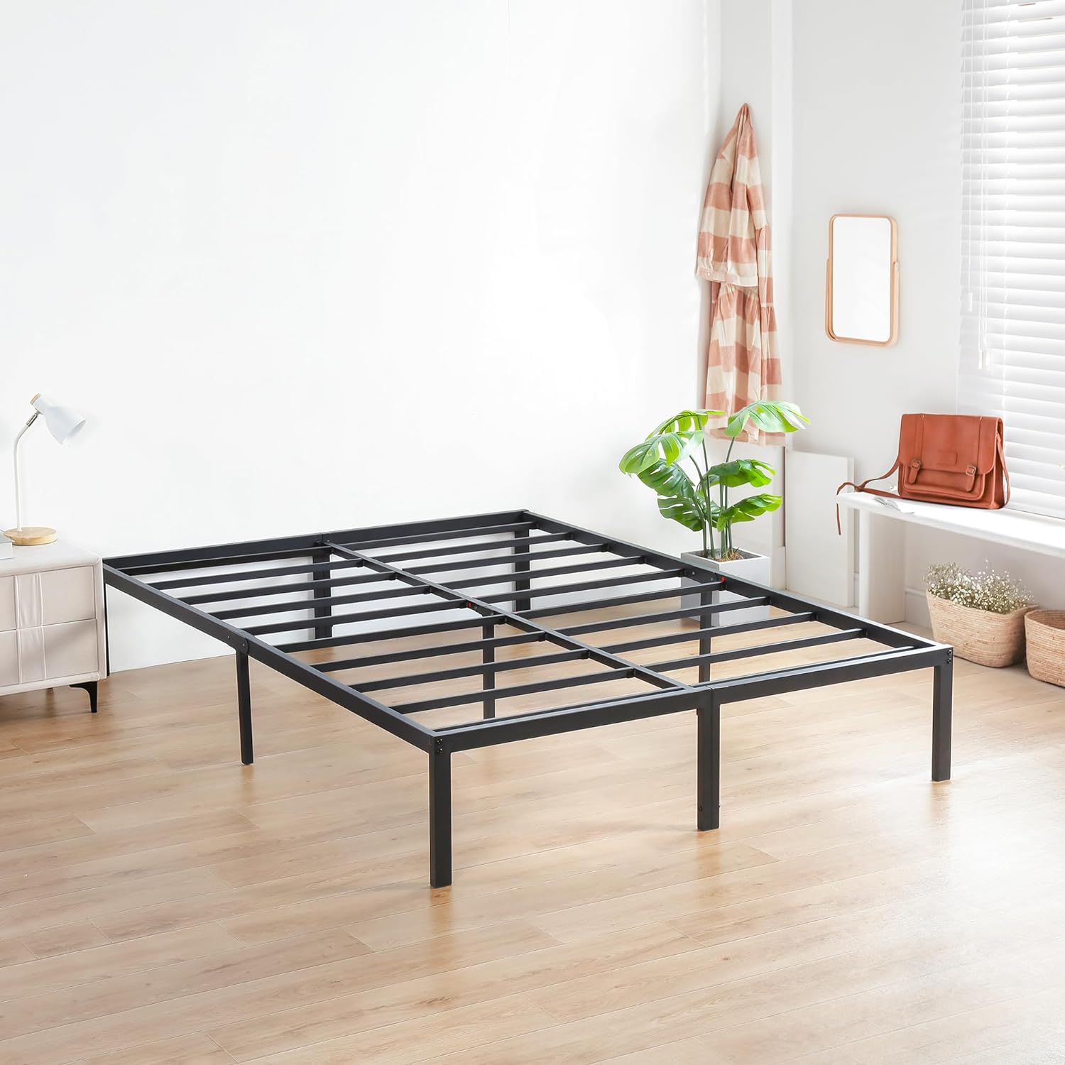 Olee Sleep 14 Inch Heavy Duty Steel Slat Anti-Slip Support, Easy Assembly Platform Bed Frame, Noise Free Steel Mattress Foundation, Maximum Storage, No Box Spring Needed, Black, Queen Size