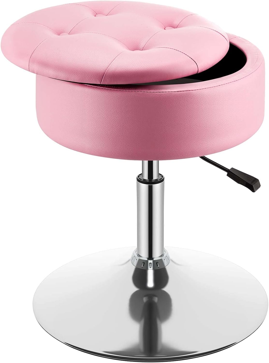 GREENSTELL Vanity Stool with Storage, 17.9 to 24.2 Height Adjustable PU Leather Vanity Chair, 360 Swivel Makeup Stool with Removeable Tray, Modern Large Size Ottoman for Bedroom Bathroom, Pink