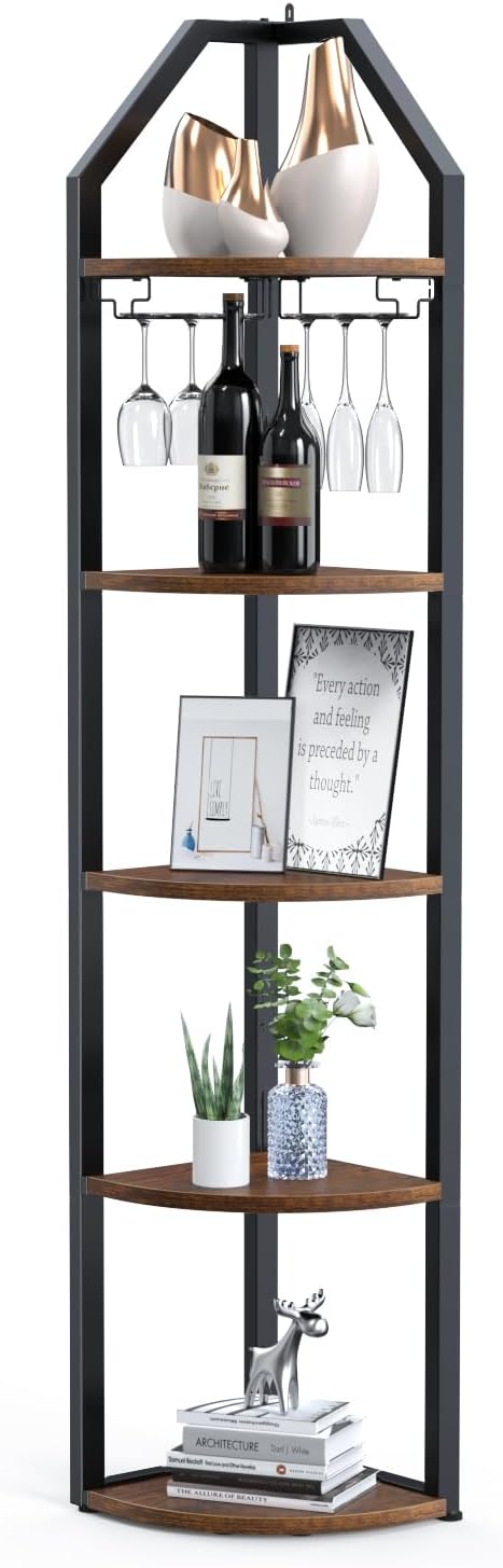 SAUCE ZHAN 70 Inch Rustic Corner Shelf 5 Tier Tall Corner Bookshelf with Storage Industrial Corner Shelf Stand with Goblet Holder Wooden Bookcase for Living Room, Kitchen, Small Space - Brown