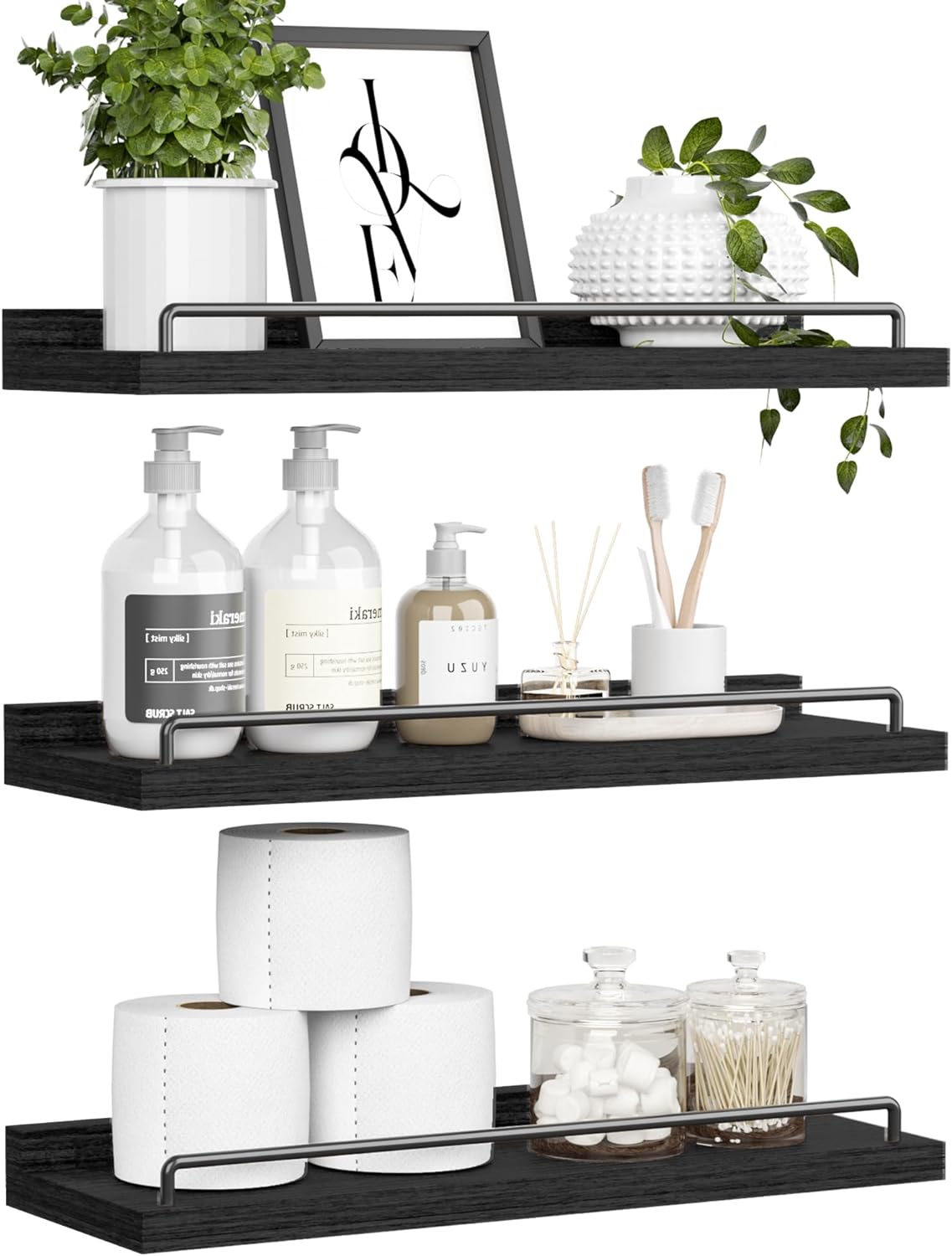 RYOFOBETTO Floating Shelves for Wall Decor Bathroom Shelves Over Toilet, Farmhouse Wall Shelves for Living Room, Bedroom, Picture Frames, Plants, Kitchen (Black, Set of 3)