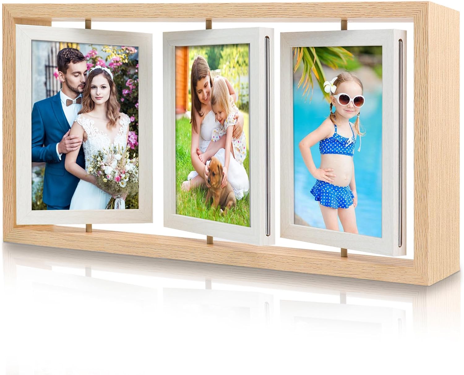 ZEEYUAN 4x6 Rotating Picture Frame Rustic Double Side Family Photo Frame, 4x6 Floating Wooden Picture Frame Vertical Collage Photo frame for Tabletop Display