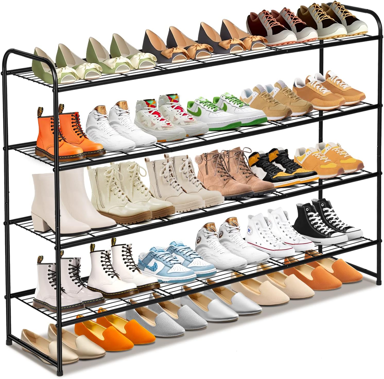 I have moved many times and tried many different shoe racks, but this one is hands down the best. SUPER easy to install, sturdy, and holds a lot! It is the perfect length and height for the garage, making it look neat! Highly recommend!