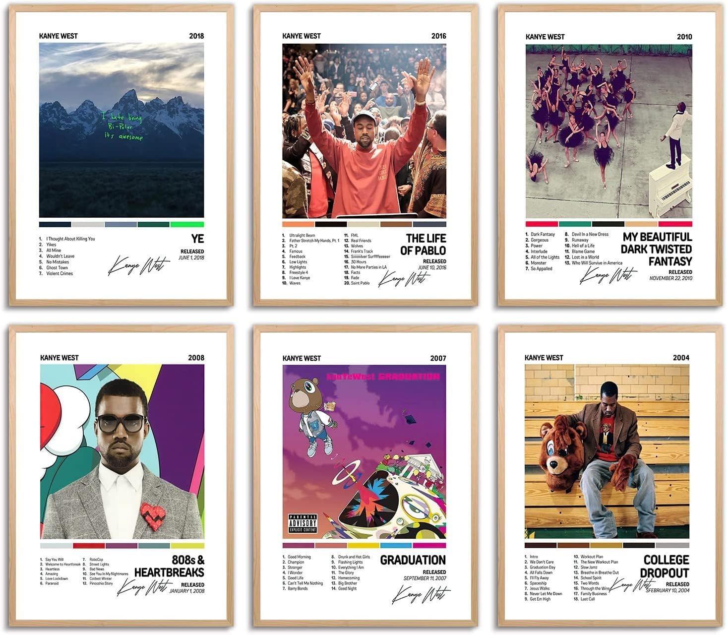 HENCT Graduation Poster College Dropout Ye Music Album Poster Cover Signed Limited Poster Canvas Wall Art Room Aesthetics Decor Set of 6 Unframed 8x10 inch