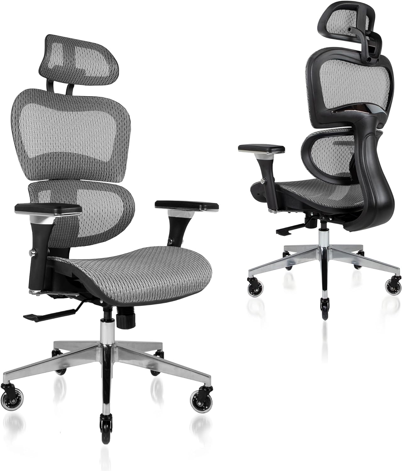 Nouhaus Ergo3D Ergonomic Office Chair - Rolling Desk Chair with 4D Adjustable Armrest, 3D Lumbar Support and Blade Wheels - Mesh Computer /Executive Swivel Chair (Grey)