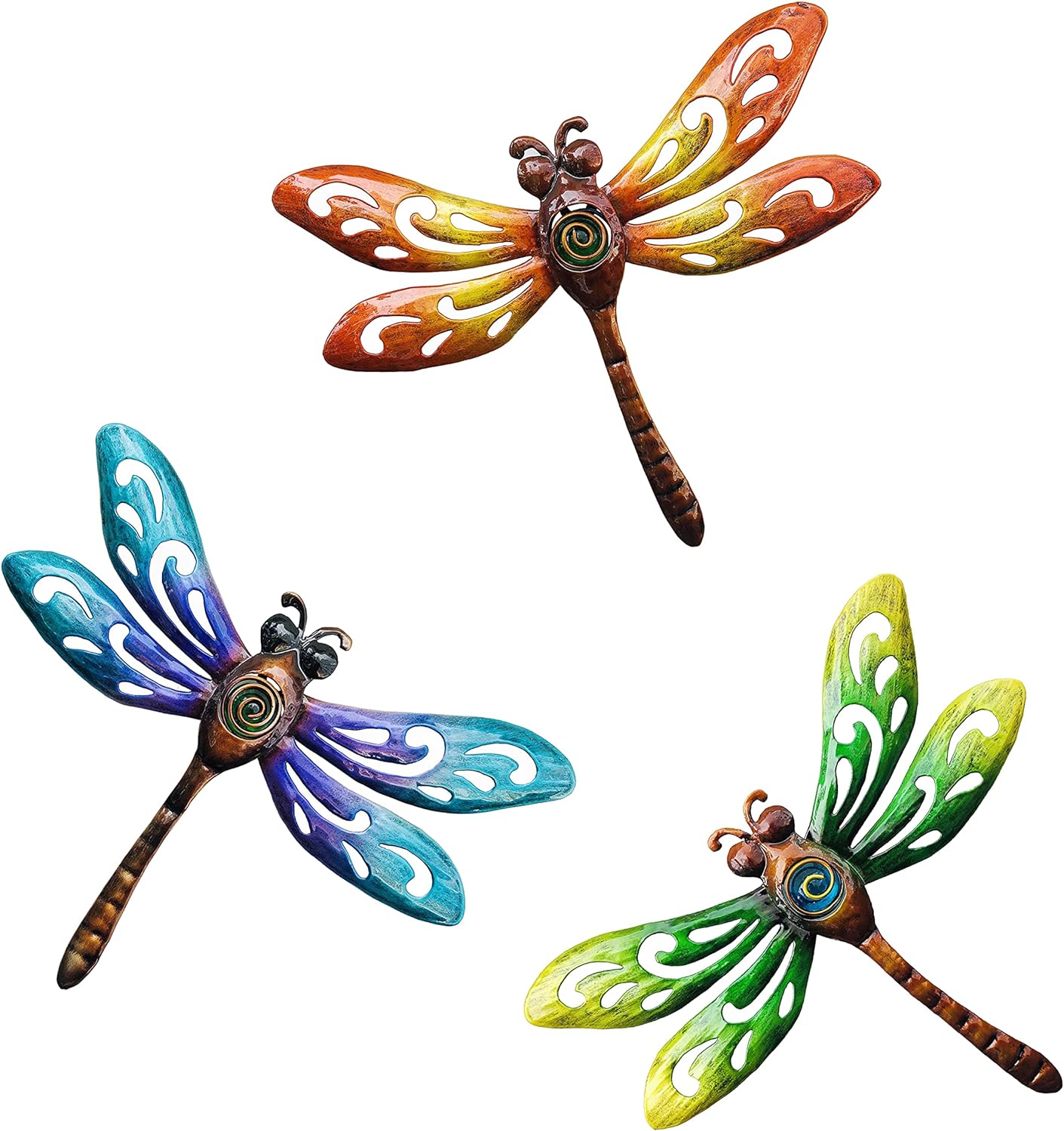 BVLFOOK Dragonfly Wall Art Decor, Metal Indoor Outdoor Fence Outside Hanging Decorations for Living Room Bedroom, 9 Inch 3 Pack, Hand-made Vibrant Ornament Sculpture for Patio Balcony