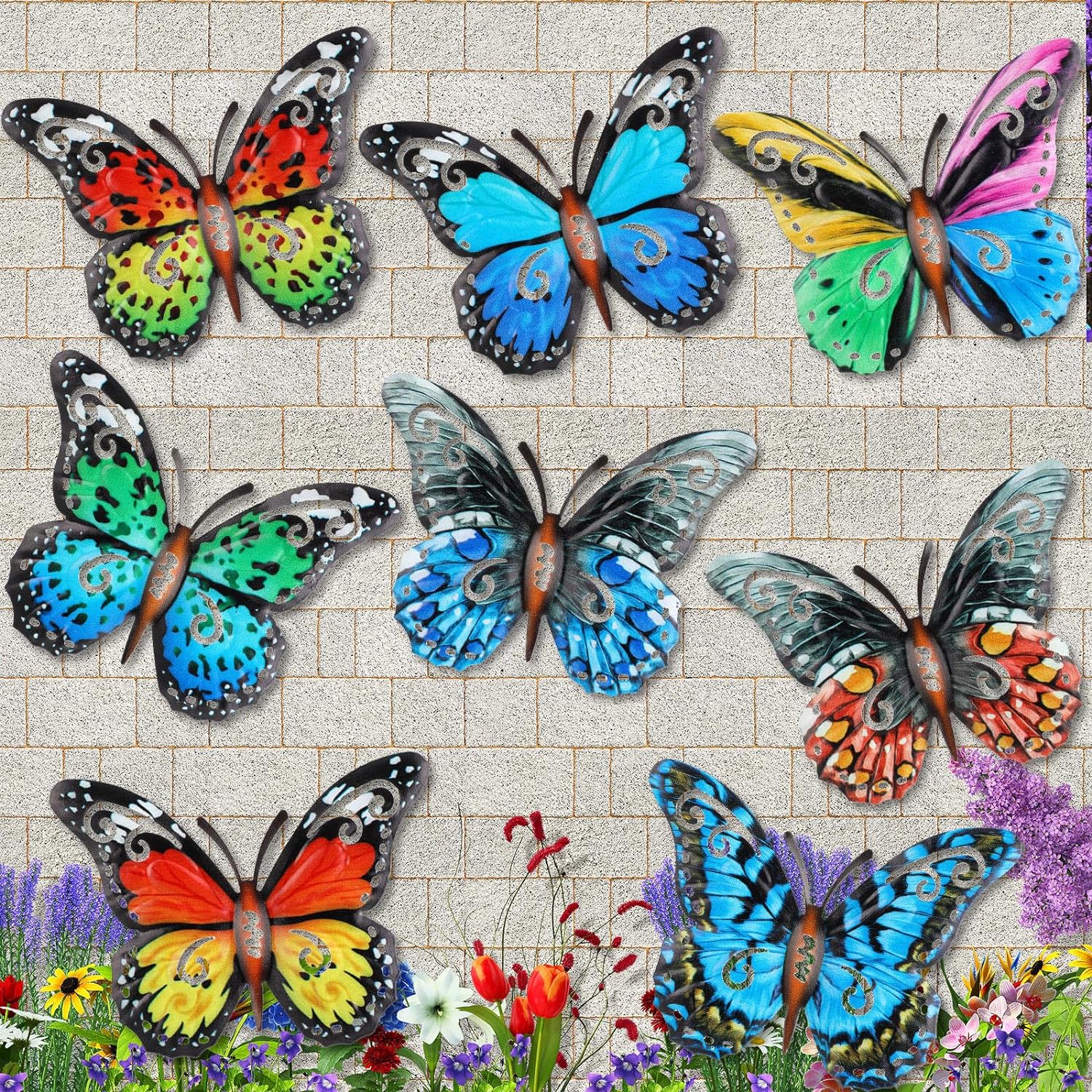 8 Pieces Metal Butterfly Wall Art Decor, 3D Butterfly Hanging Wall Decor Sculpture for Balcony Patio Living Room Garden Outdoor Fence Decoration (Stylish Style)