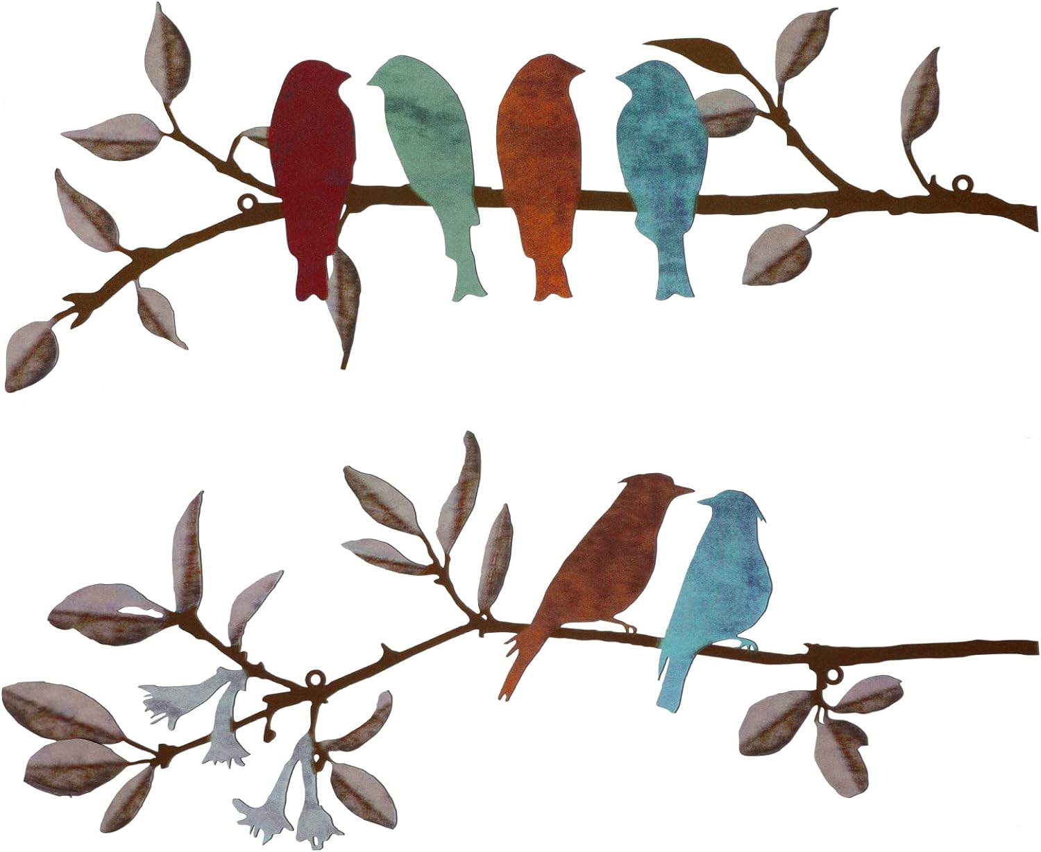 2 Pcs Metal Birds Wall Art Vivid Birds on Branch Metal Birds Wall Decor Hanging Leaves with Birds Outdoor Wall Decor Rustic Bird Decor Leaf Wall Decor or Balcony Garden Indoor Outdoor Decor(Colorful)