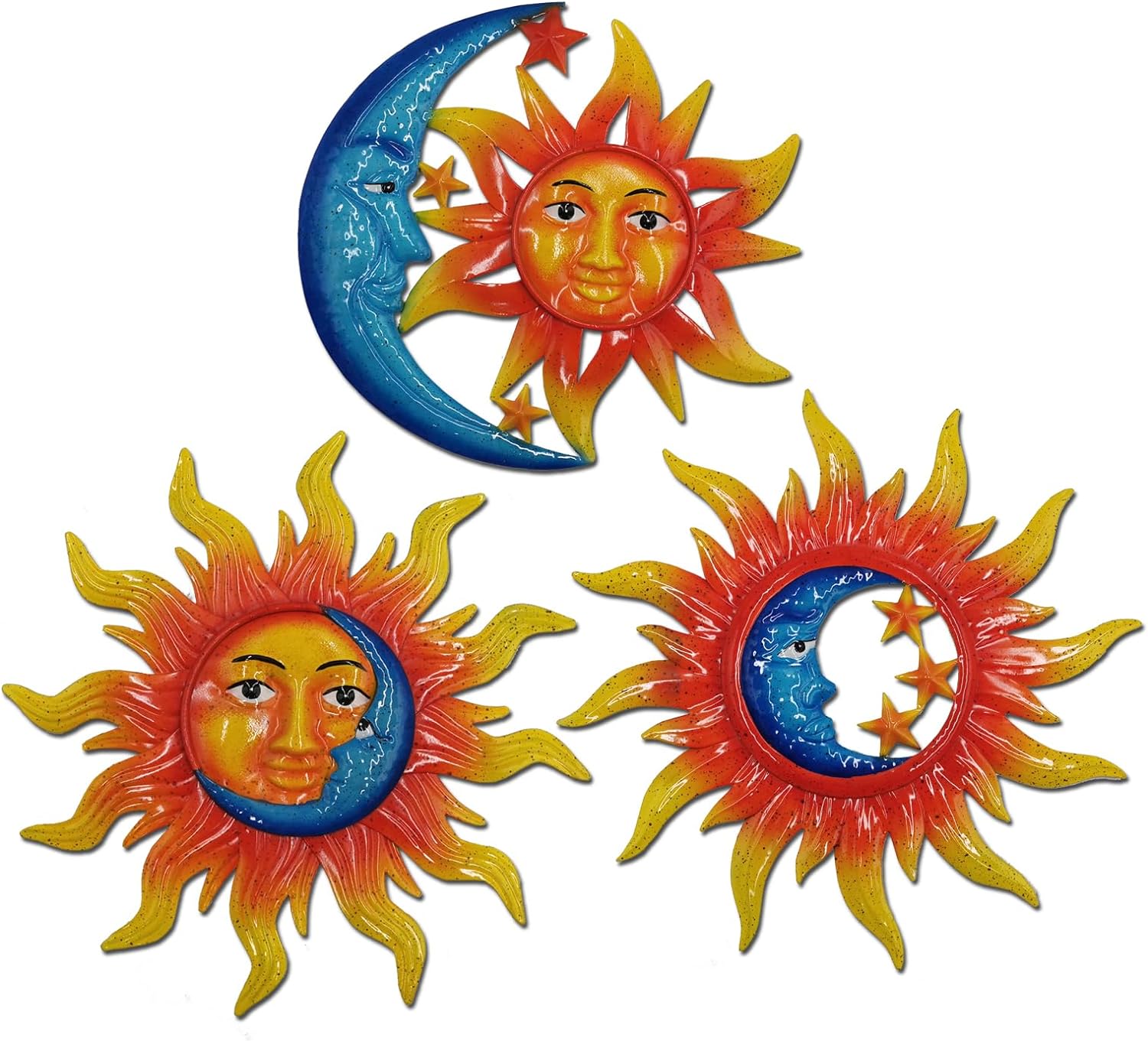 wxysdudio Set of 3 Sun Face Metal Wall Art Decor Outdoor Indoor, Sun Moon Star Hanging Wall Outside Garden Fence Patio Porch Deck Backyard Pool Decor, Farmhouse Bedroom, Living Room Decoration